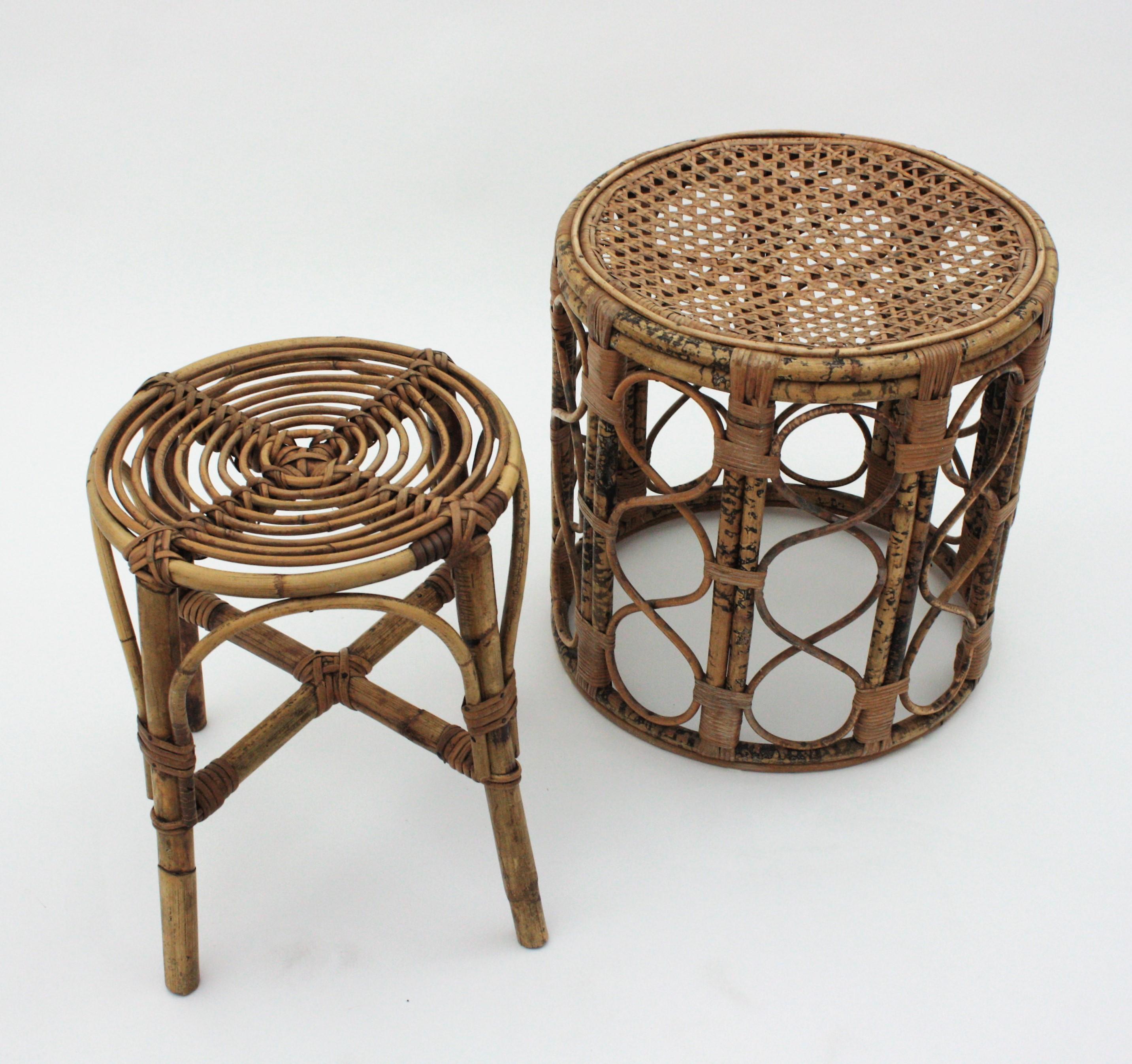French Side Table or Stool in Tiger Bamboo Rattan with Woven Wicker Top, 1940s For Sale 5