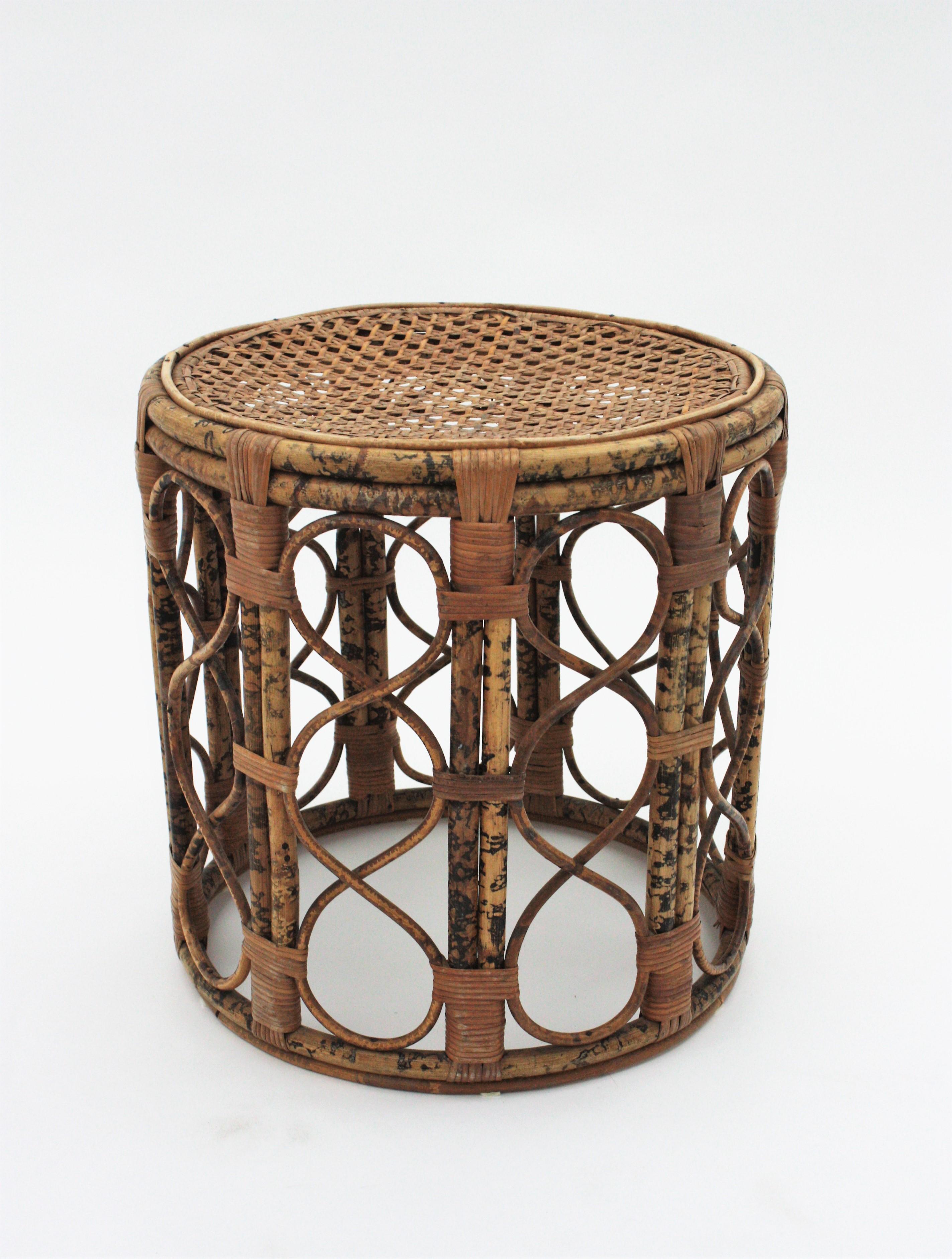 French Side Table or Stool in Tiger Bamboo Rattan with Woven Wicker Top, 1940s For Sale 6