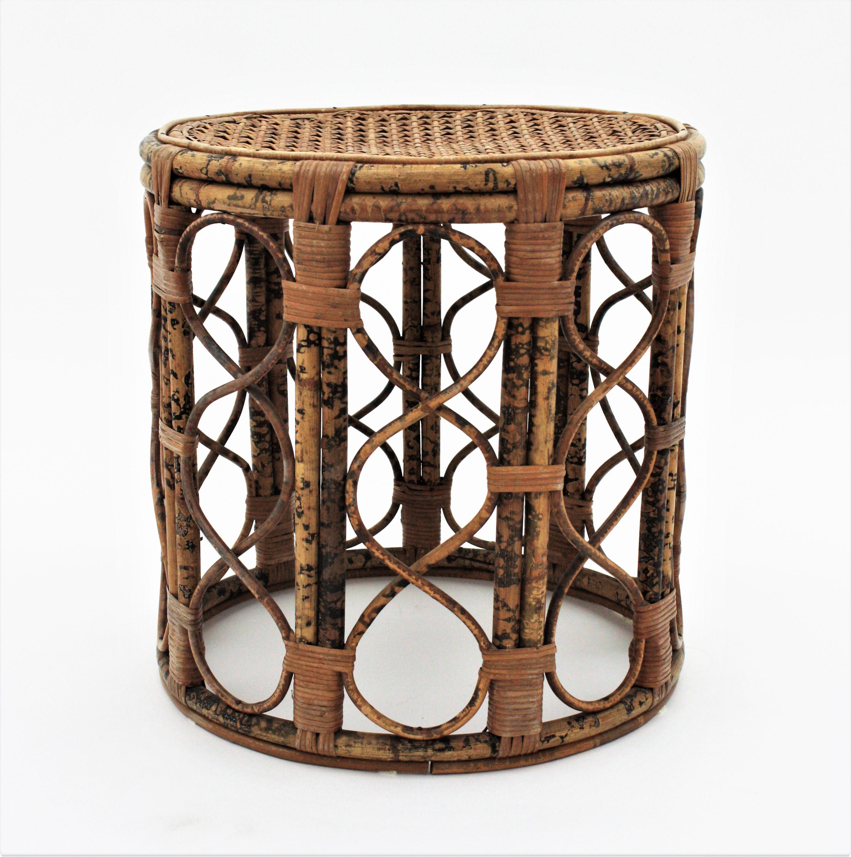 French Side Table or Stool in Tiger Bamboo Rattan with Woven Wicker Top, 1940s For Sale 7