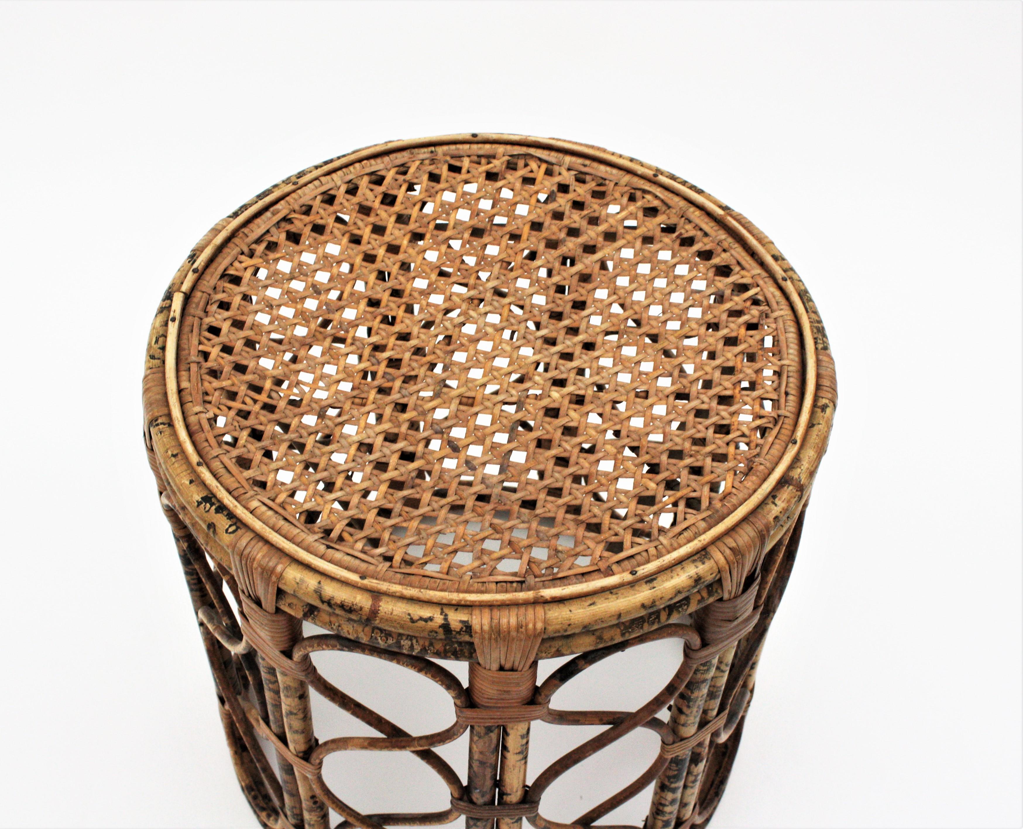French Side Table or Stool in Tiger Bamboo Rattan with Woven Wicker Top, 1940s For Sale 8
