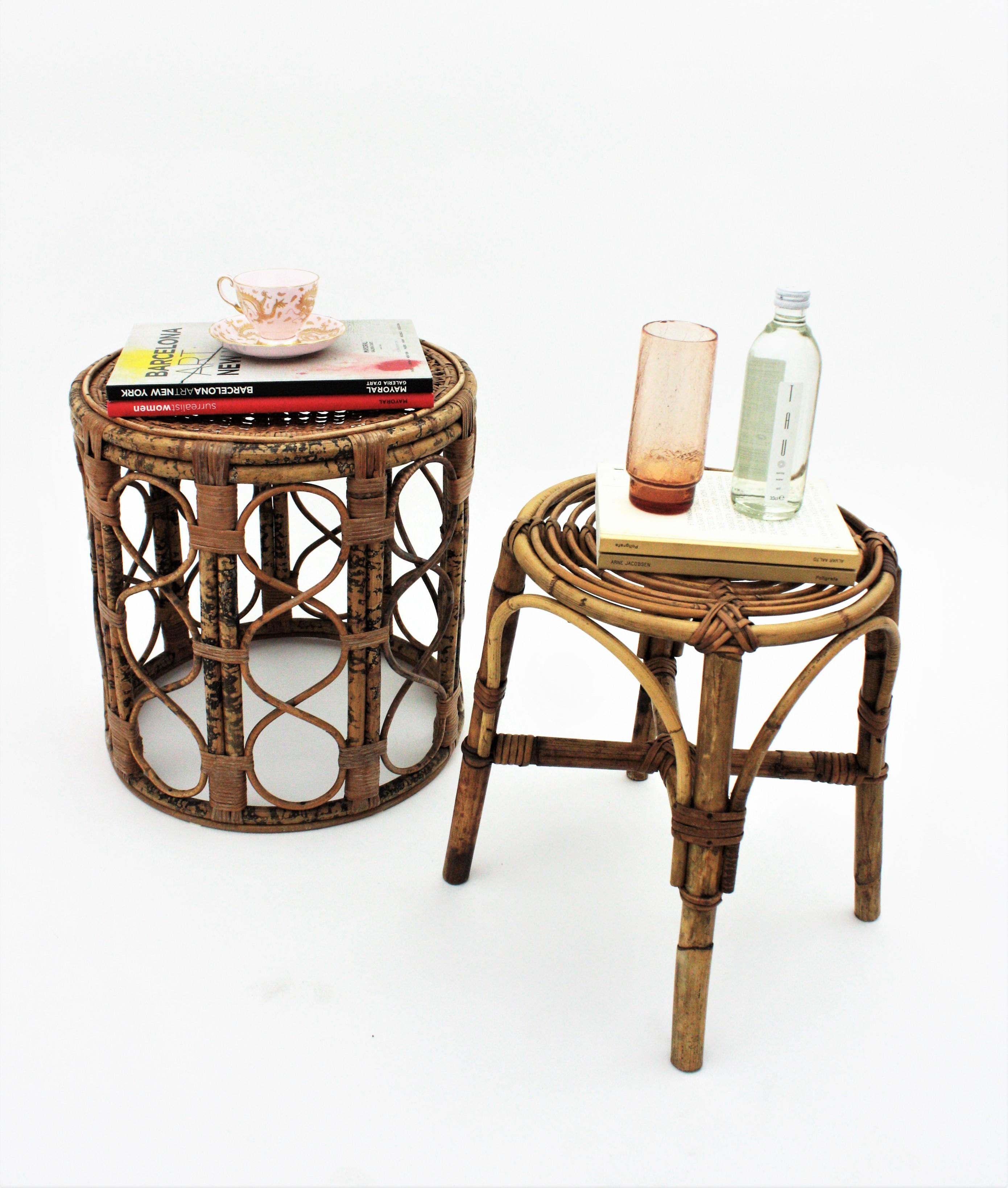 French Side Table or Stool in Tiger Bamboo Rattan with Woven Wicker Top, 1940s For Sale 10
