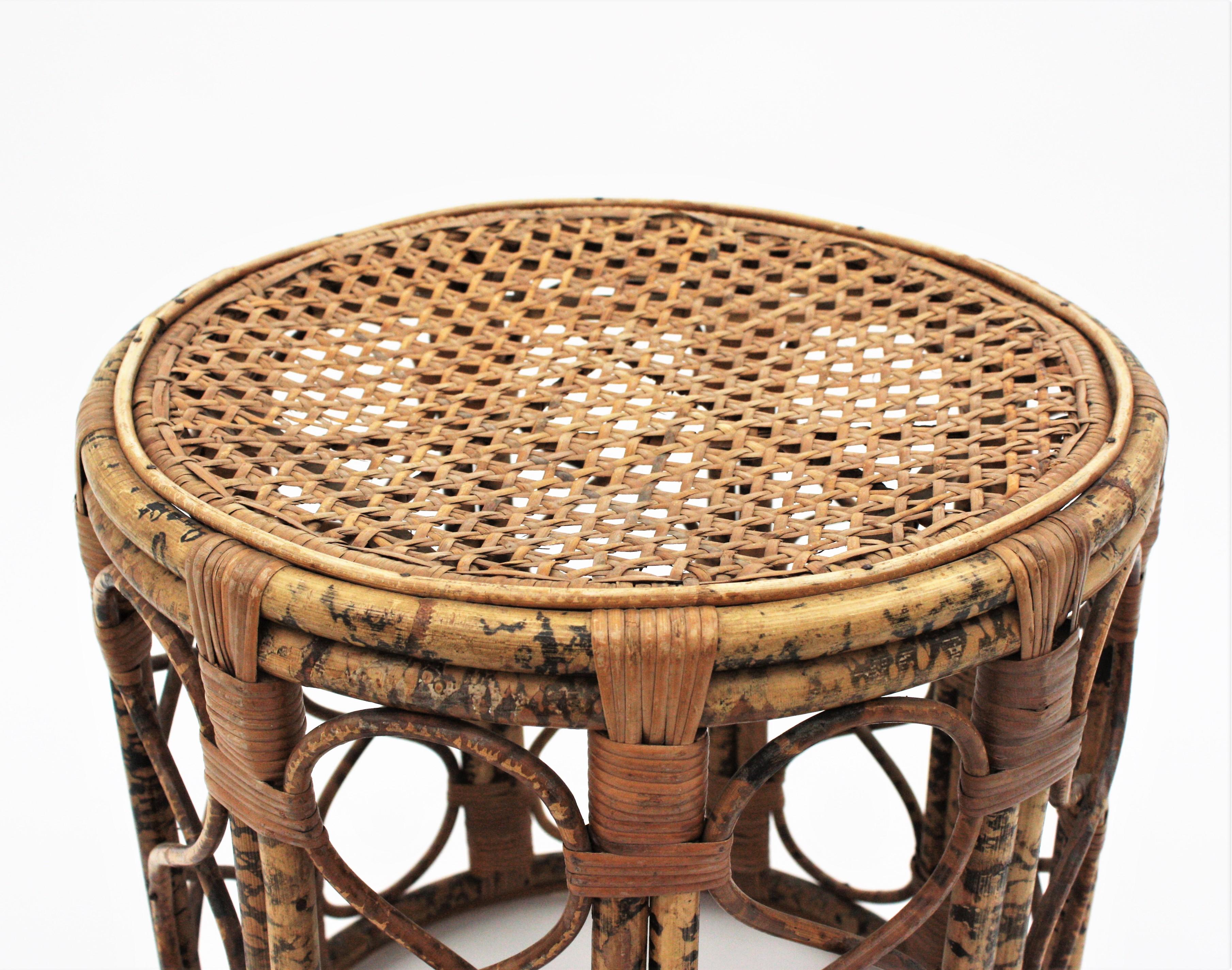Hand-Woven French Side Table or Stool in Tiger Bamboo Rattan with Woven Wicker Top, 1940s For Sale
