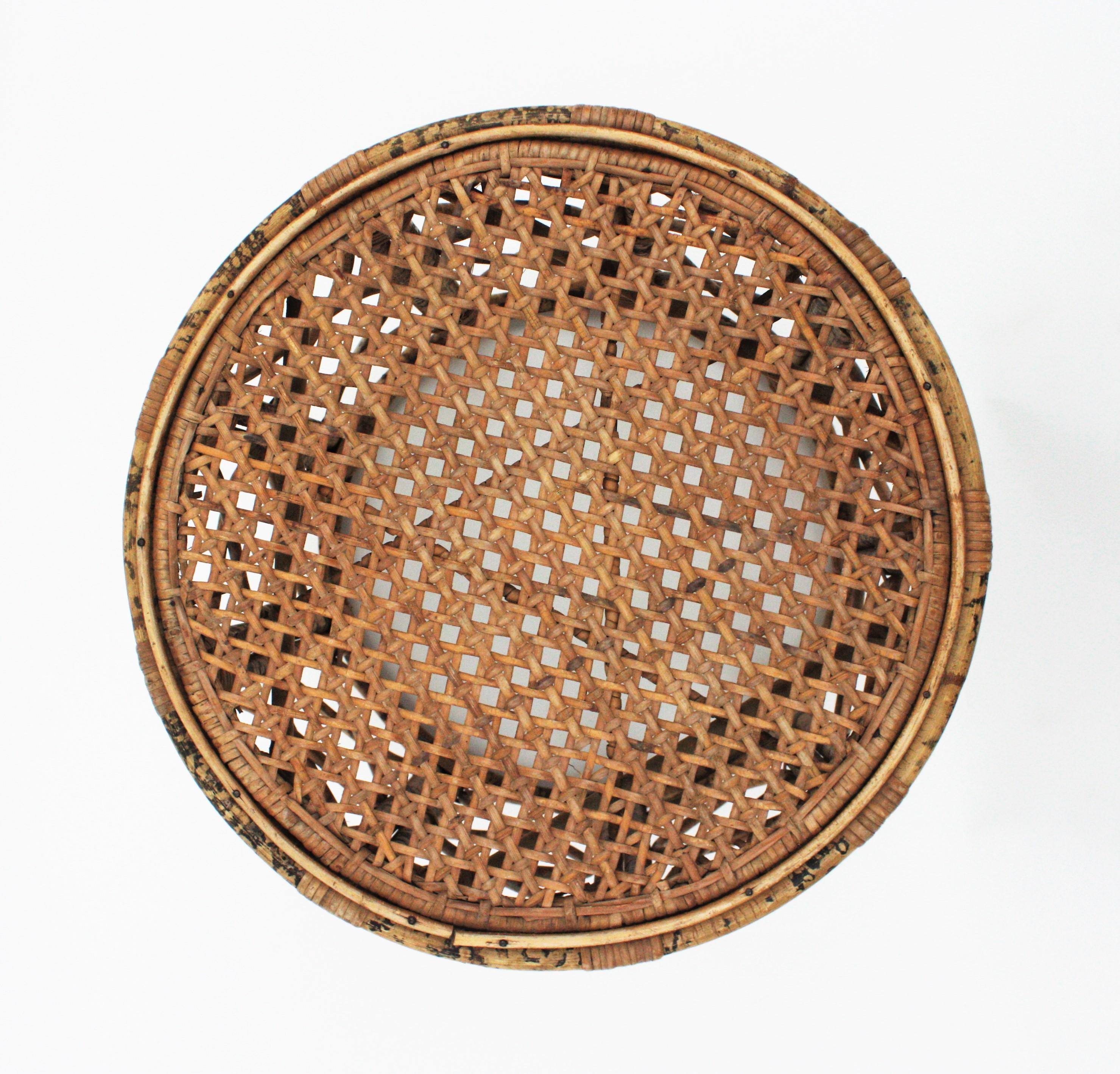 20th Century French Side Table or Stool in Tiger Bamboo Rattan with Woven Wicker Top, 1940s For Sale
