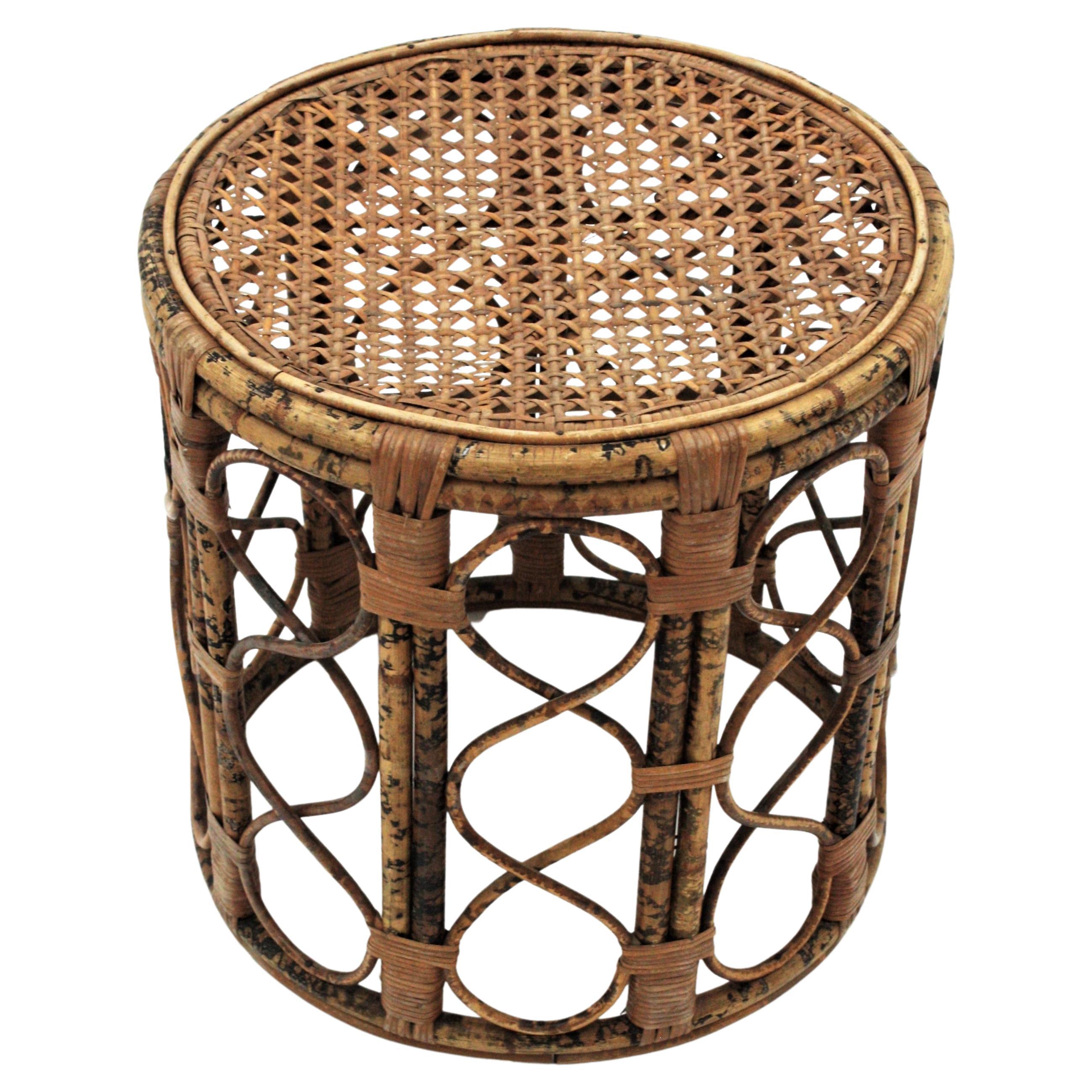 French Side Table or Stool in Tiger Bamboo Rattan with Woven Wicker Top, 1940s