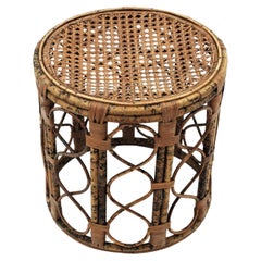 Vintage Tiger Bamboo Rattan Round Side Table or Stool with Woven Wicker Top