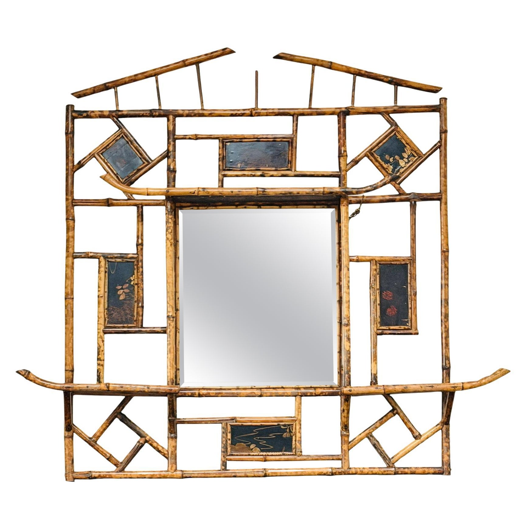 Tiger Bamboo Wall Mirror With Chinoisserie Inlay Panels For Sale