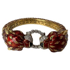 Antique Tiger Bracelet Frascarolo Rare 18 Karat Enamel Diamond Bangle Bracelet