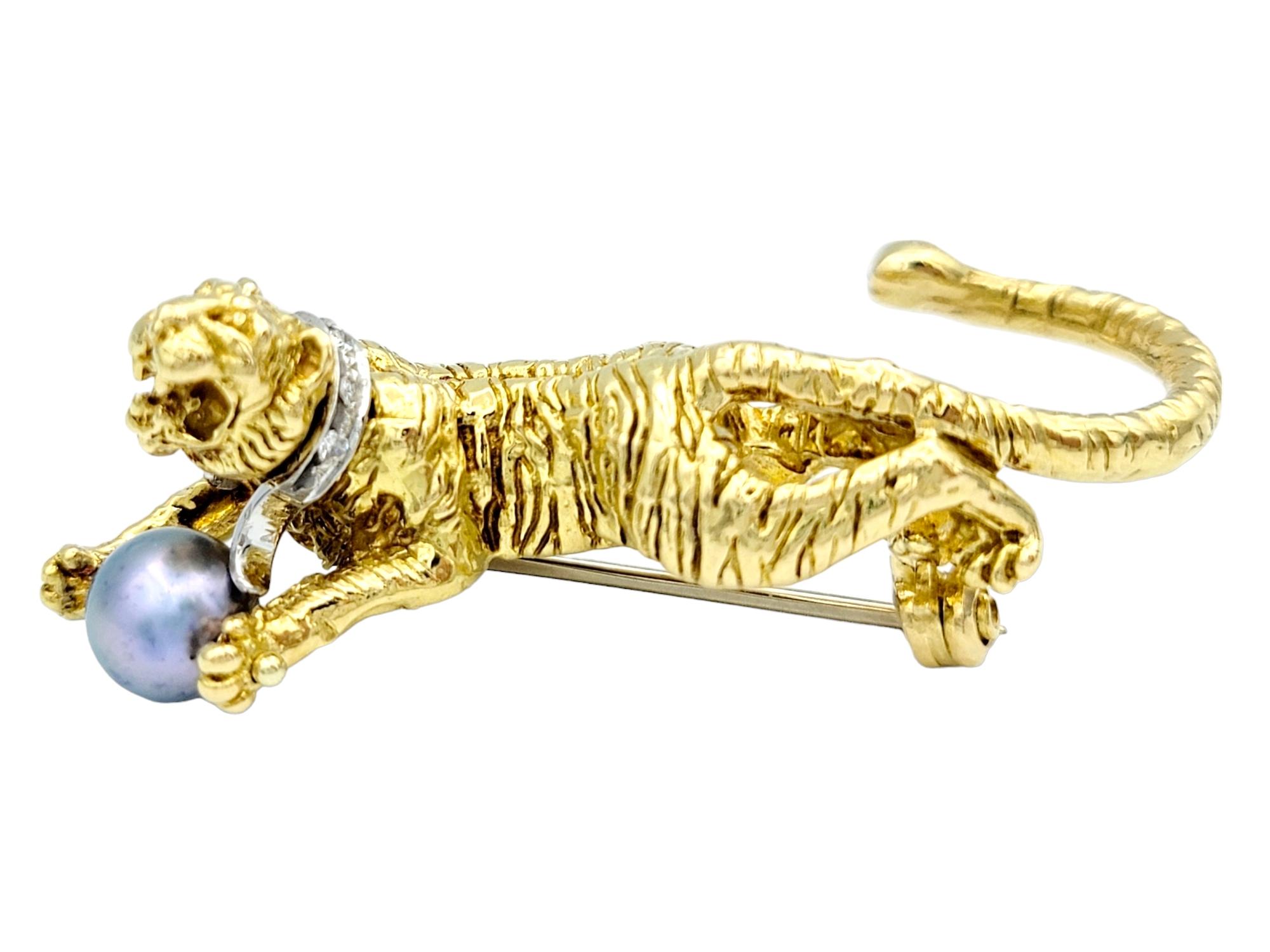 Contemporary Tiger Brooch with Diamond Collar and Cultured Pearl 