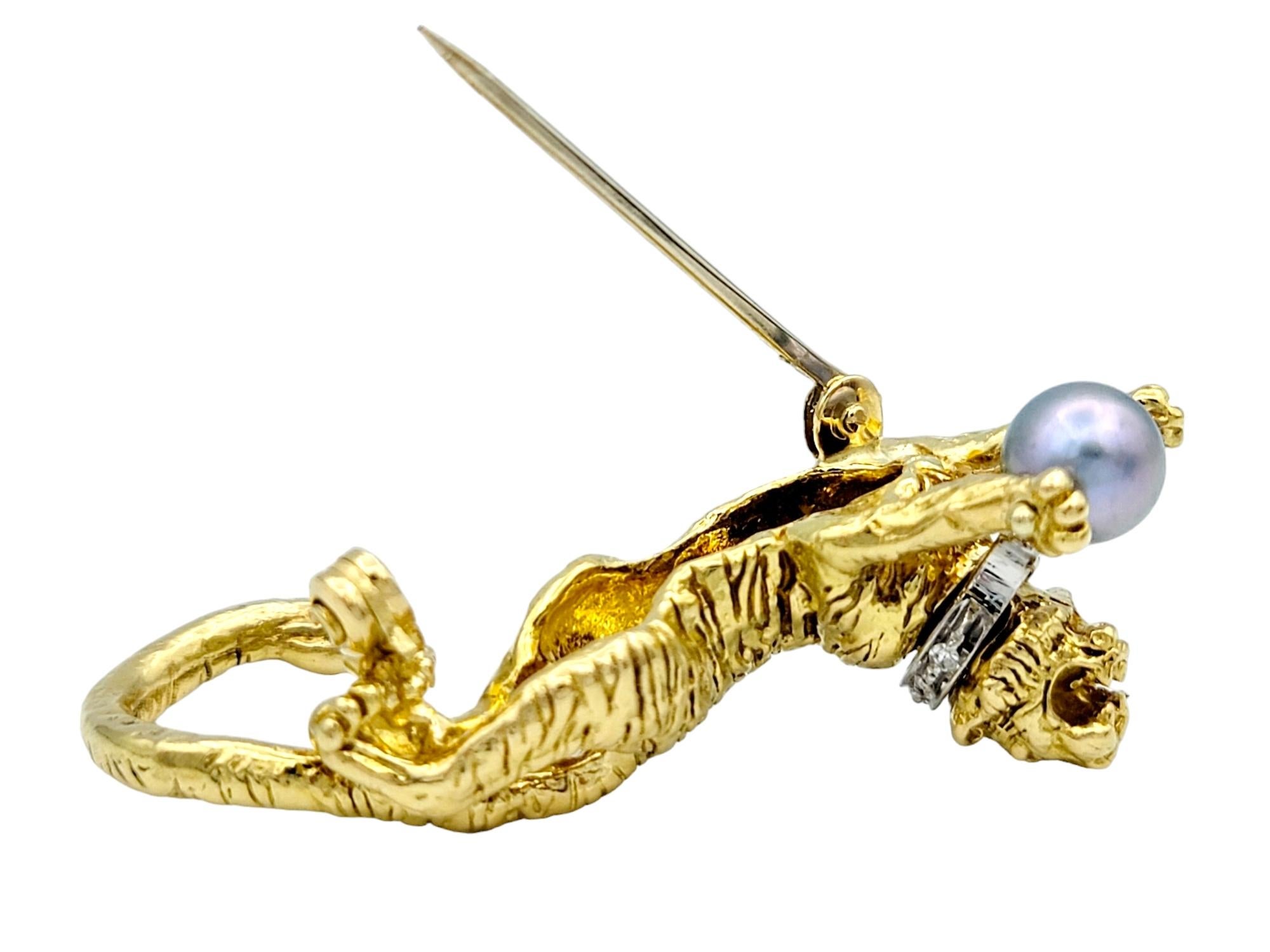 Women's or Men's Tiger Brooch with Diamond Collar and Cultured Pearl 