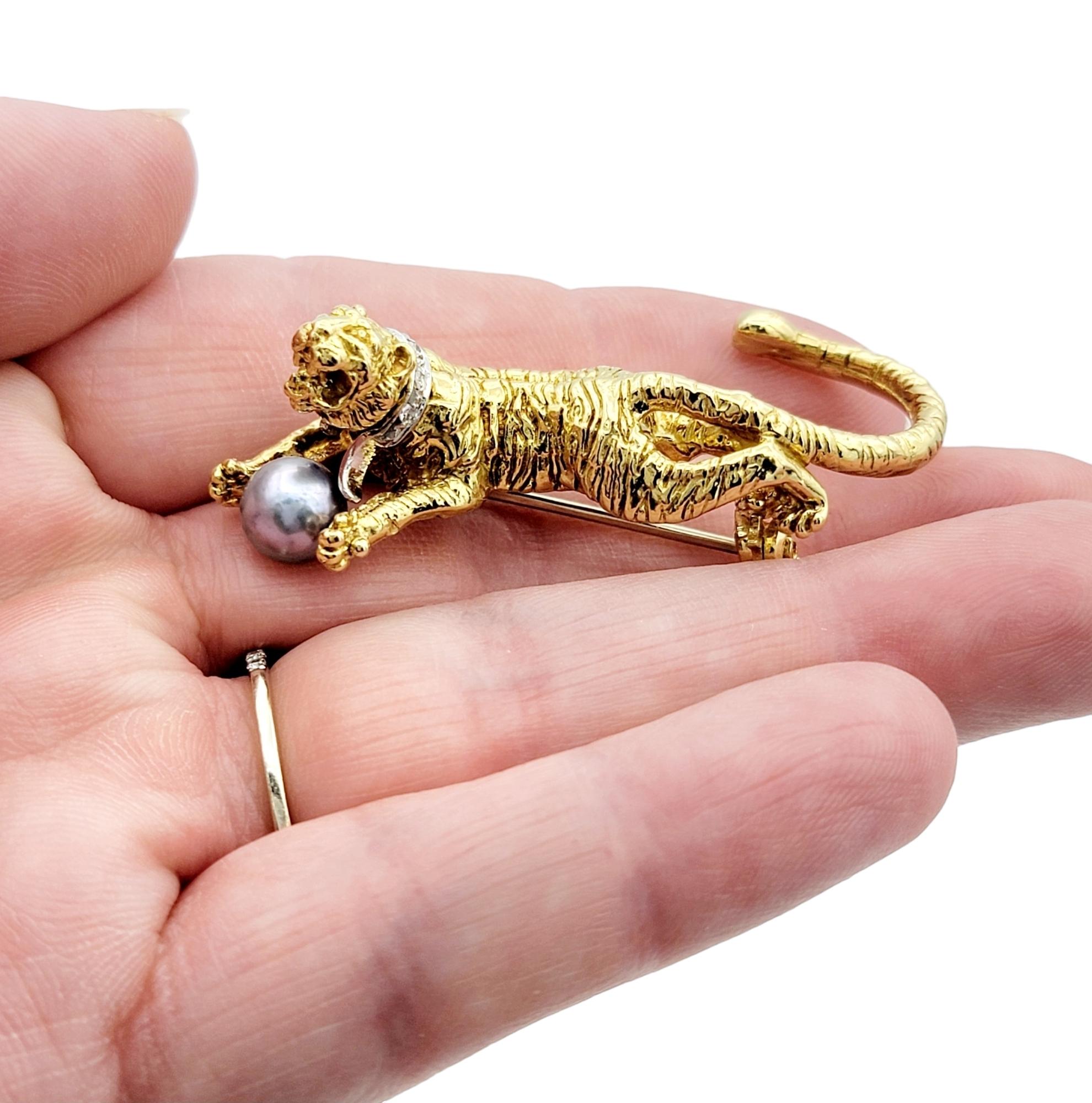 Tiger Brooch with Diamond Collar and Cultured Pearl 