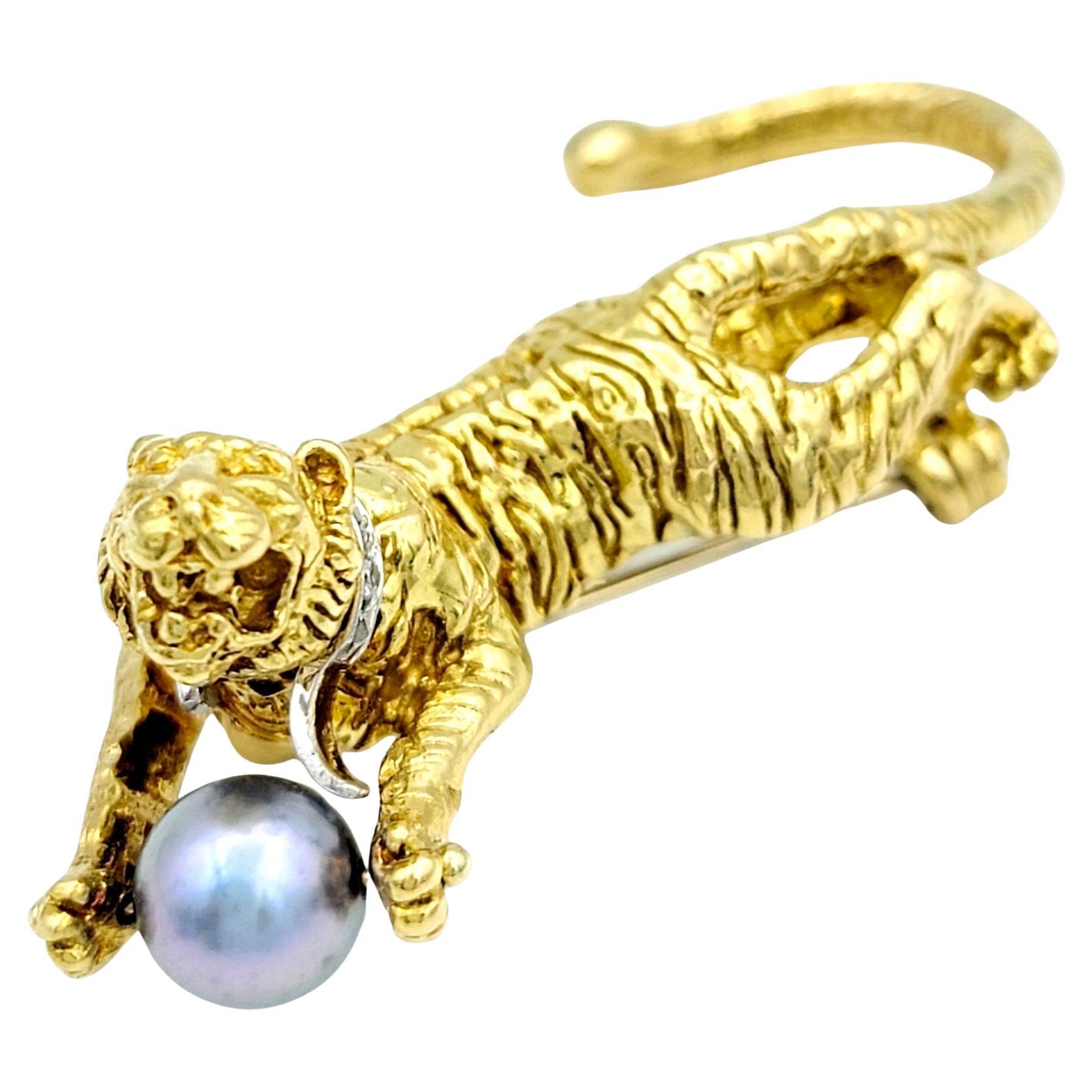 Tiger Brooch with Diamond Collar and Cultured Pearl "Ball" in 18 Karat Gold For Sale