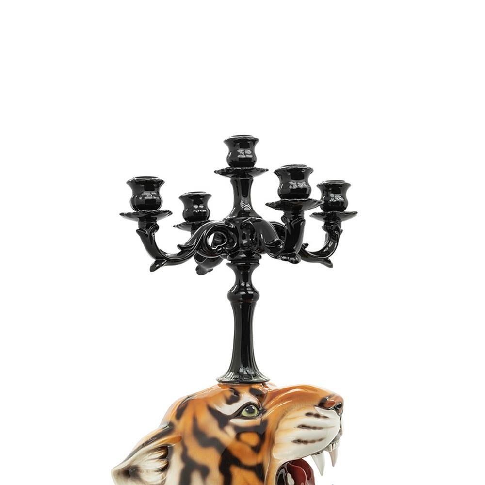 Hand-Painted Tiger Candleholder Sculpture For Sale