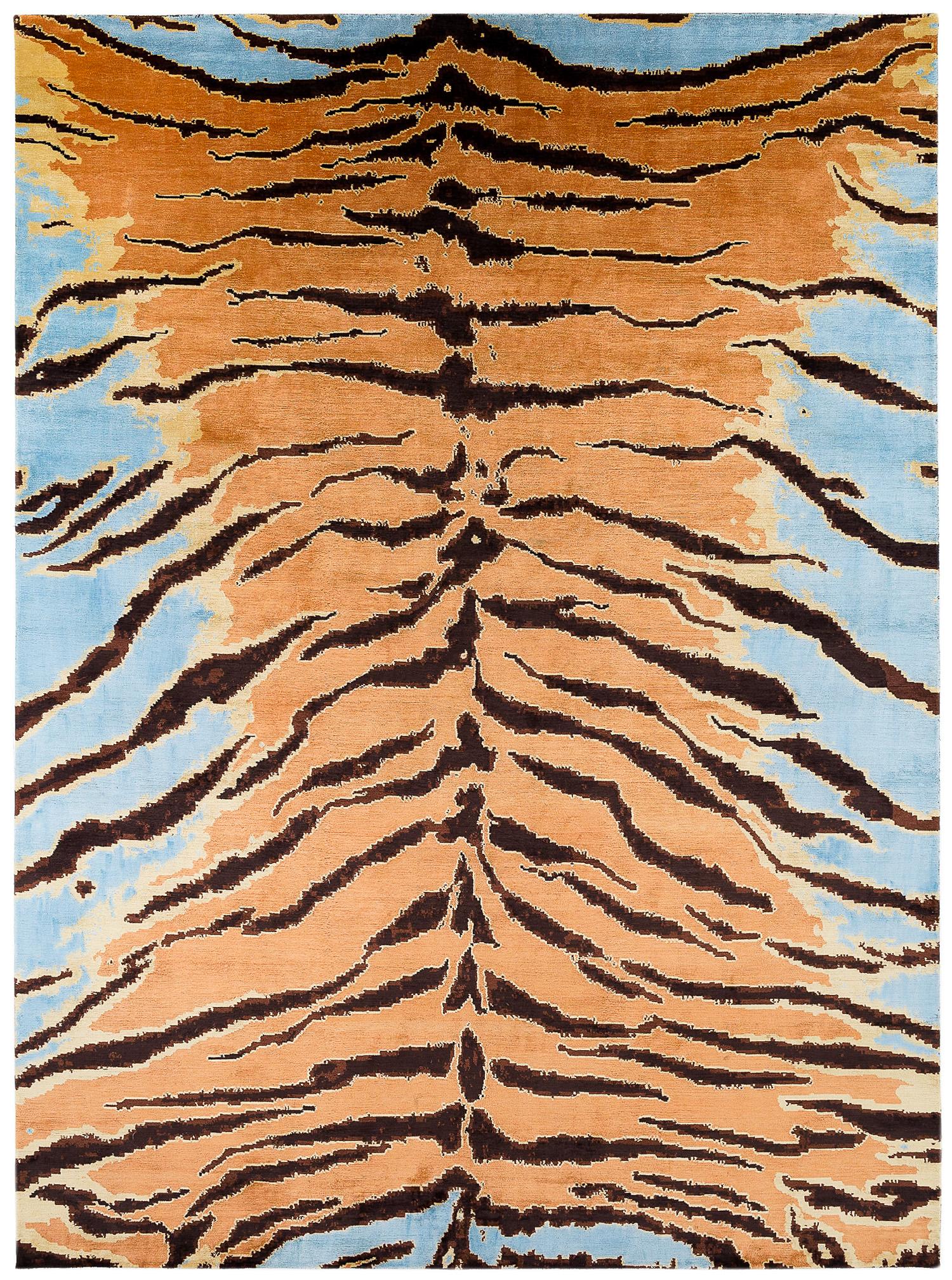 Tiger Caramel Modern Animal Print Handmade Luxury Silk Area Rug by Joseph Carini For Sale 7