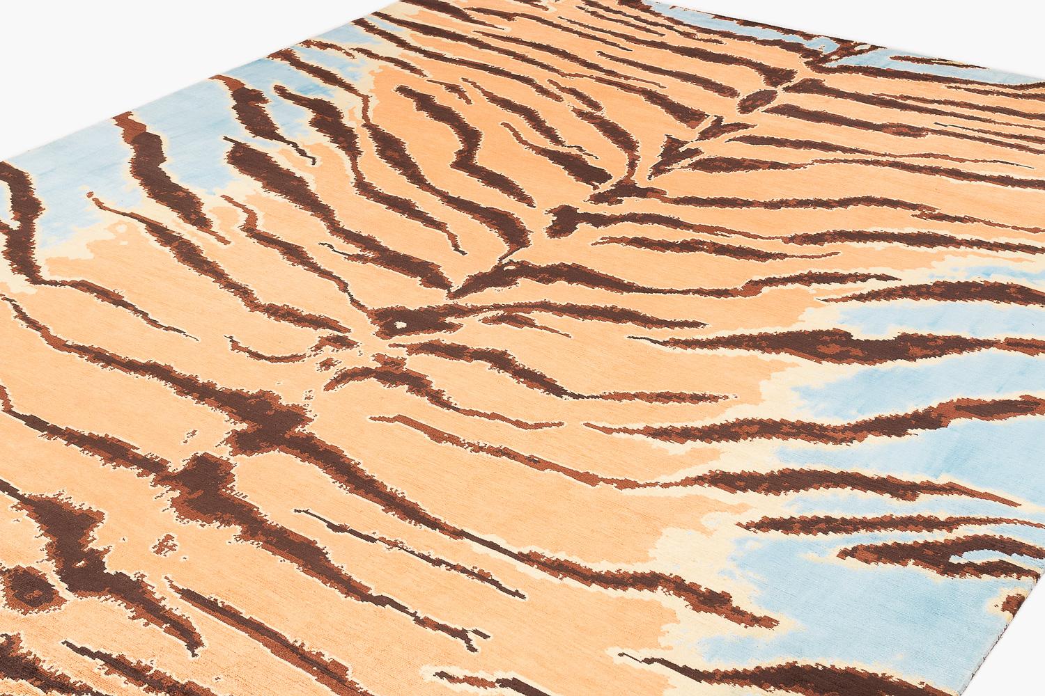 Nepalese Tiger Caramel Modern Animal Print Handmade Luxury Silk Area Rug by Joseph Carini For Sale