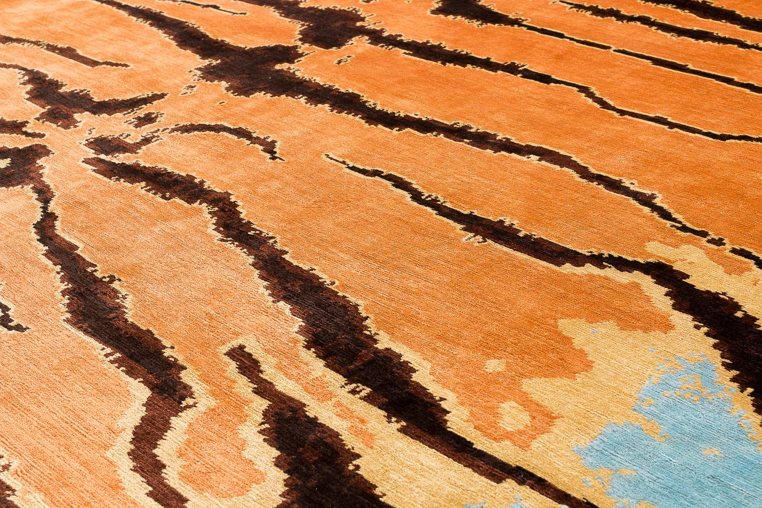 Vegetable Dyed Tiger Caramel Modern Animal Print Handmade Luxury Silk Area Rug by Joseph Carini For Sale
