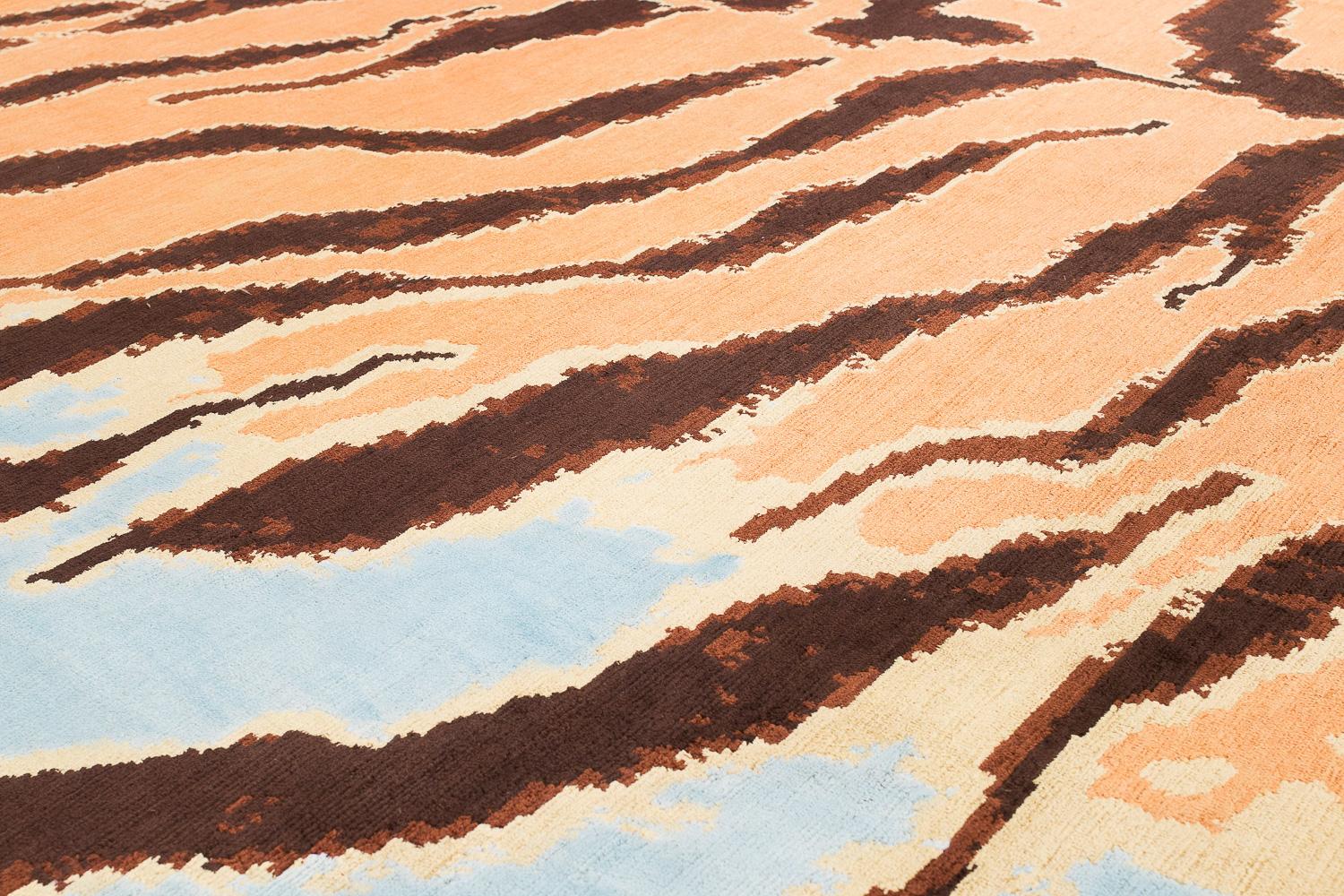 Contemporary Tiger Caramel Modern Animal Print Handmade Luxury Silk Area Rug by Joseph Carini For Sale