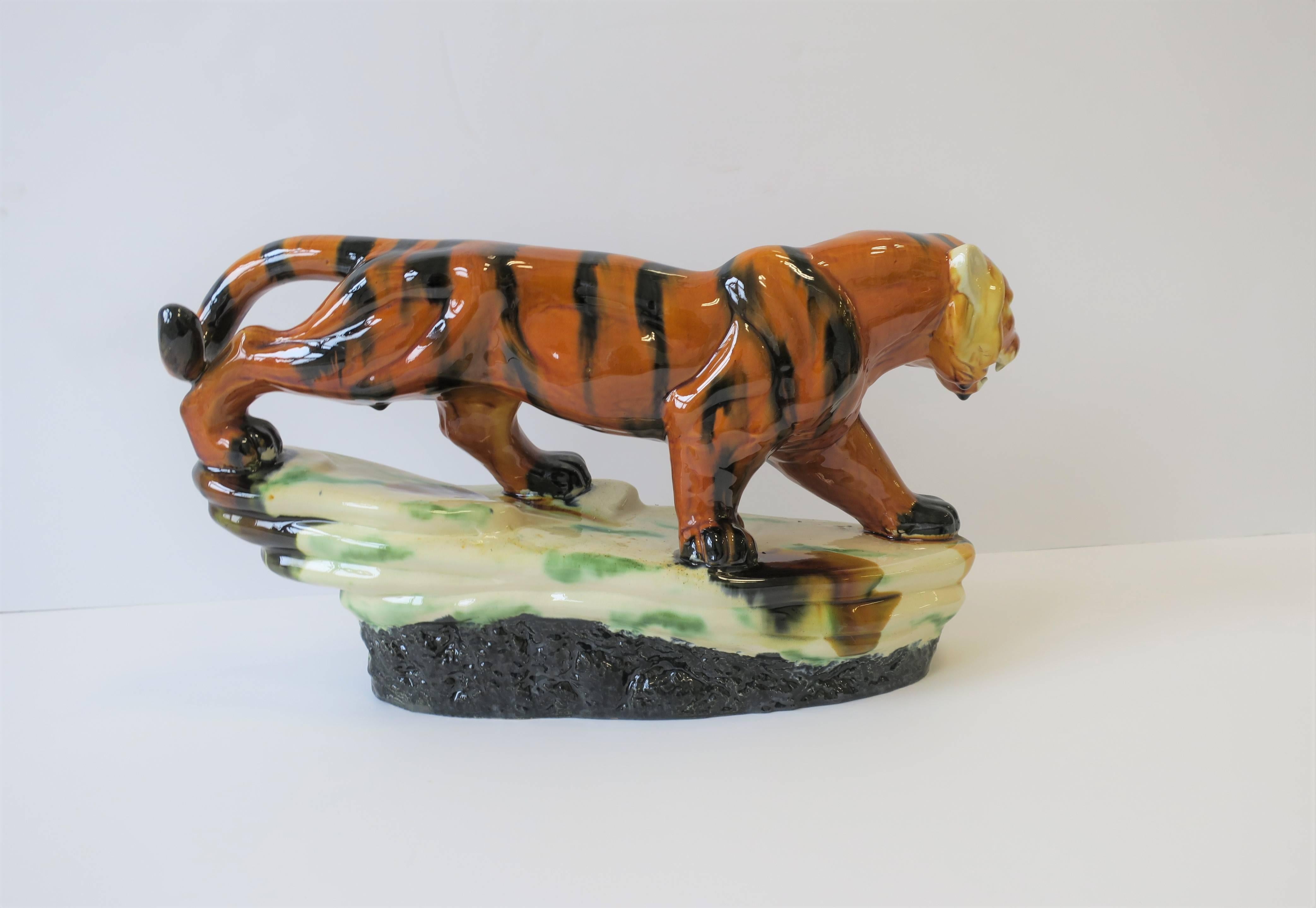 Tiger Cat Animal Ceramic Sculpture in the Art Deco Style 3