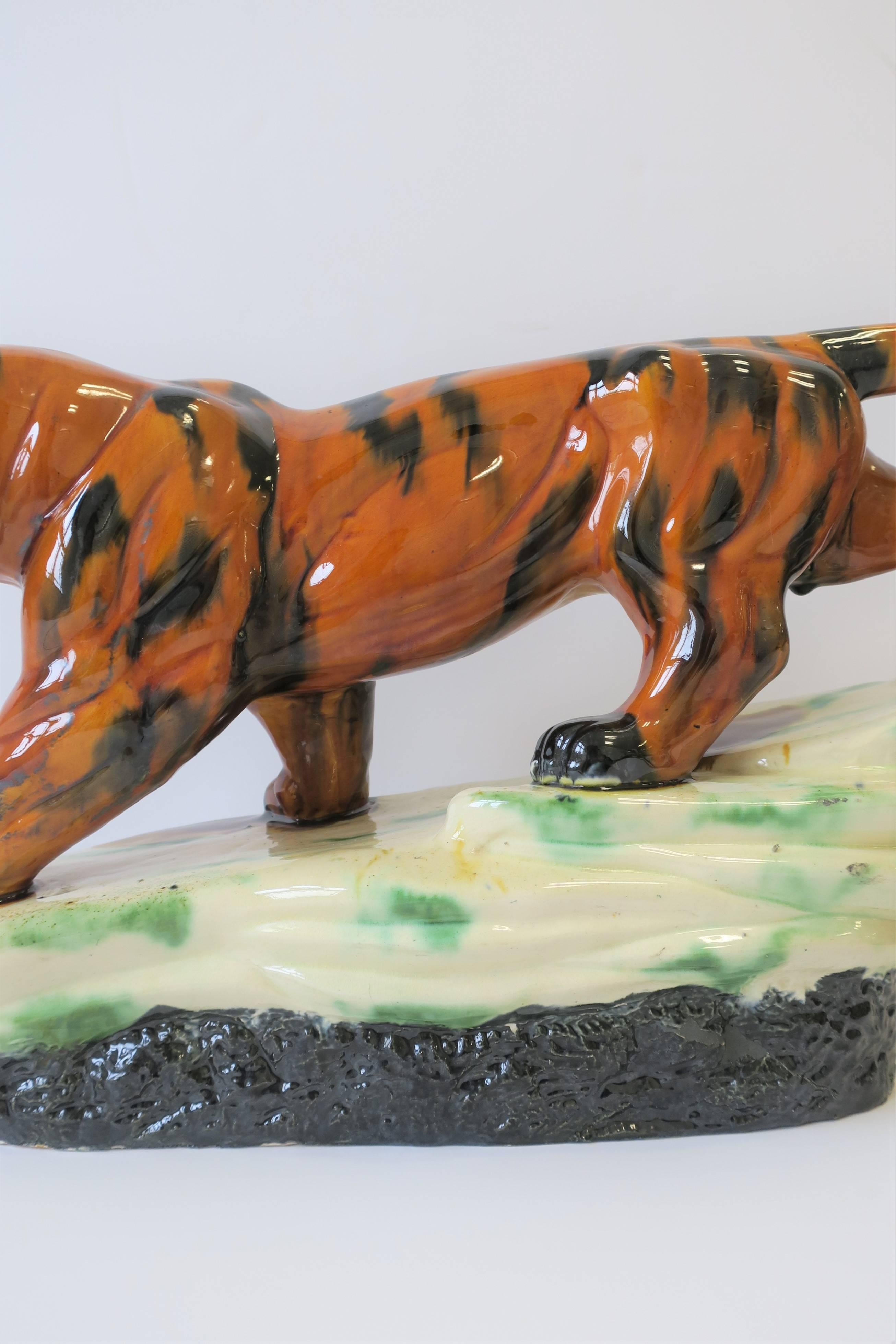 Glazed Tiger Cat Animal Ceramic Sculpture in the Art Deco Style
