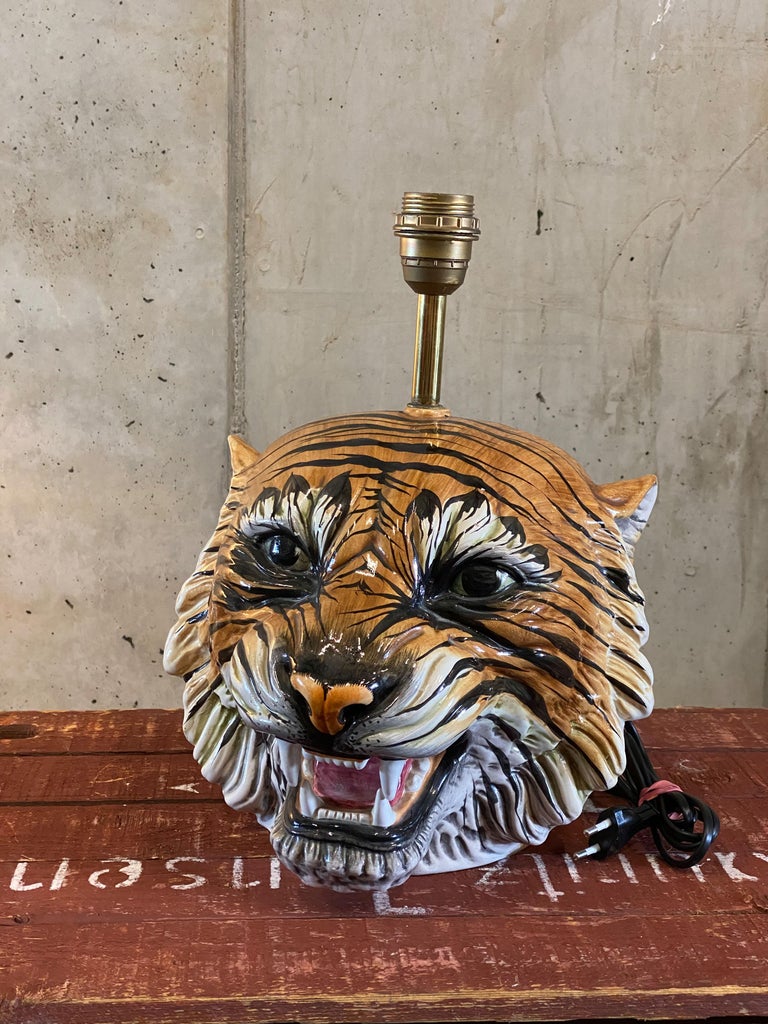 Tiger Ceramic Table Lamp, Italy 1970s, Tiger Head Lamp For Sale at 1stDibs
