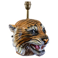 Tiger Ceramic Table Lamp, Italy 1970s, Tiger Head Lamp