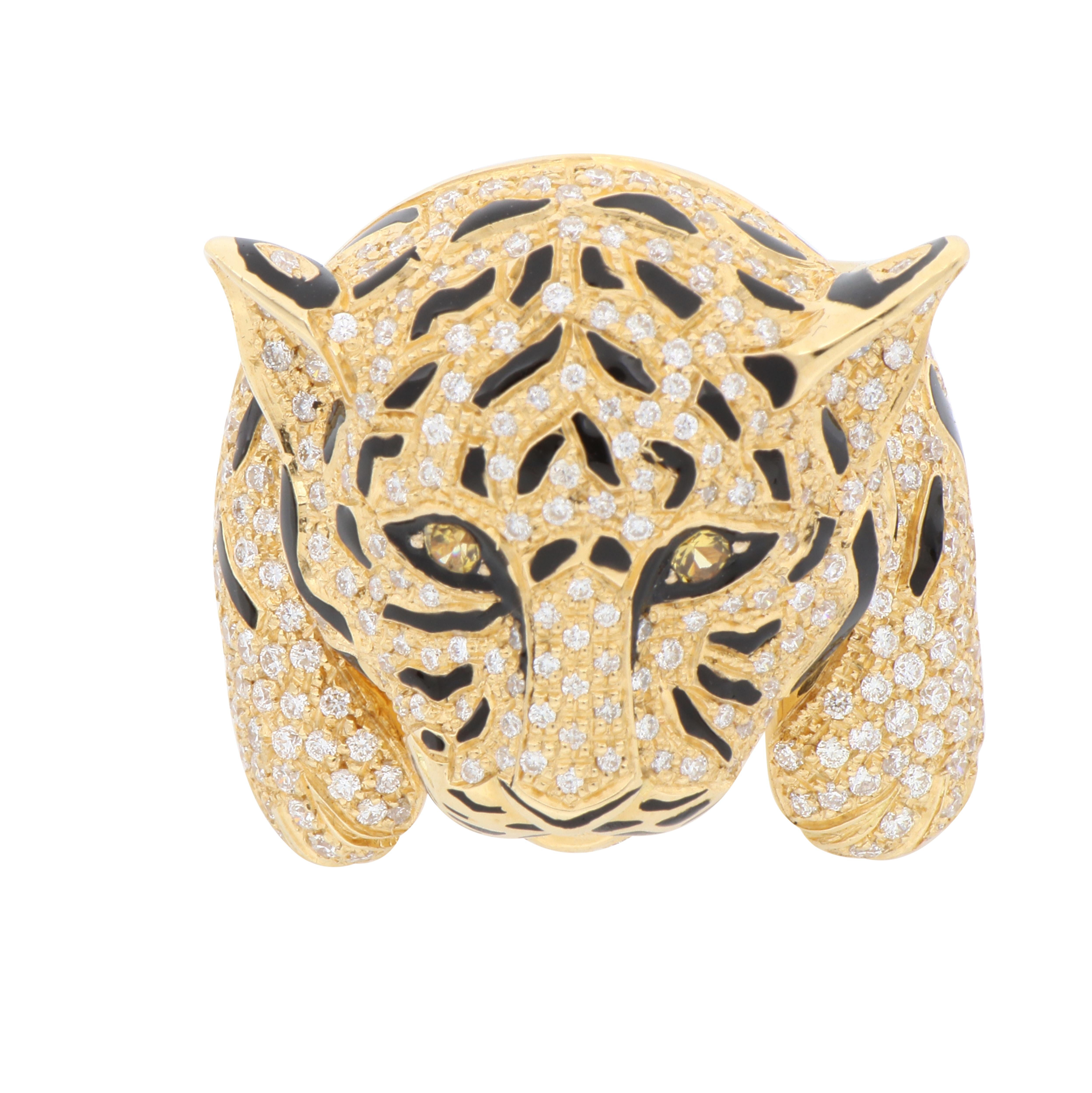 For Sale:  Tiger Design White Diamonds Pavè and Yellow Sapphires Cocktail Gold Ring 2