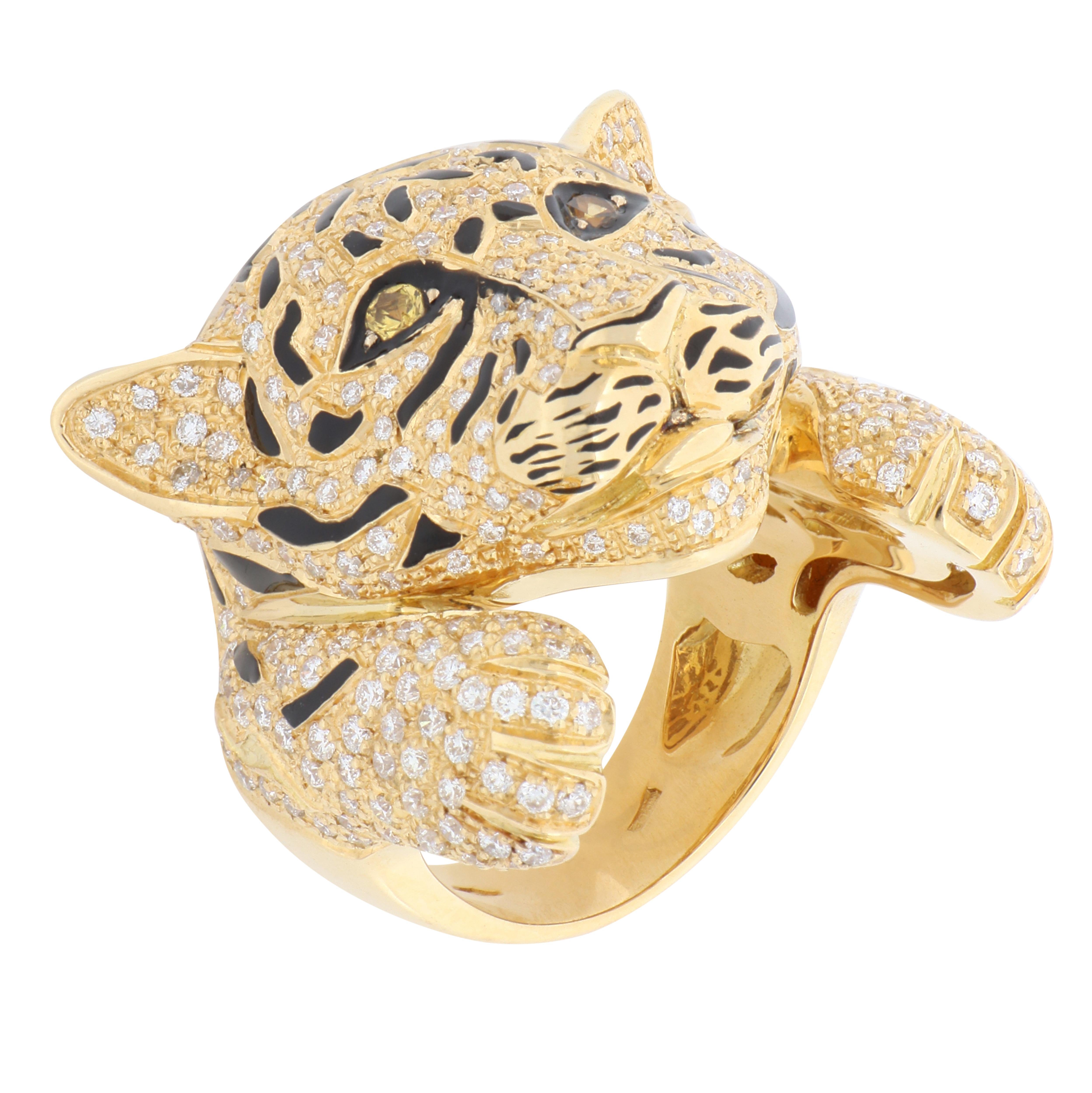 For Sale:  Tiger Design White Diamonds Pavè and Yellow Sapphires Cocktail Gold Ring 3