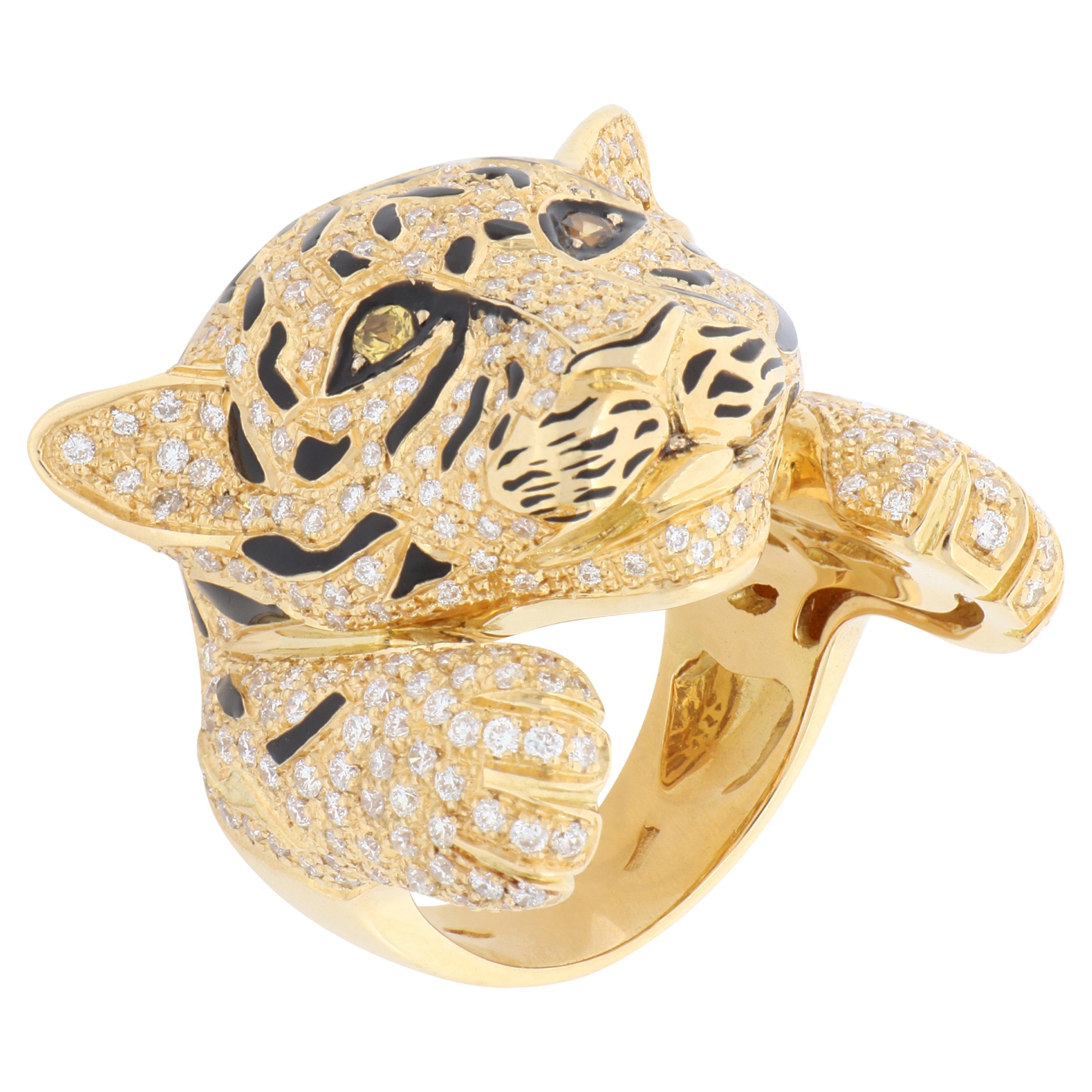 For Sale:  Tiger Design White Diamonds Pavè and Yellow Sapphires Cocktail Gold Ring