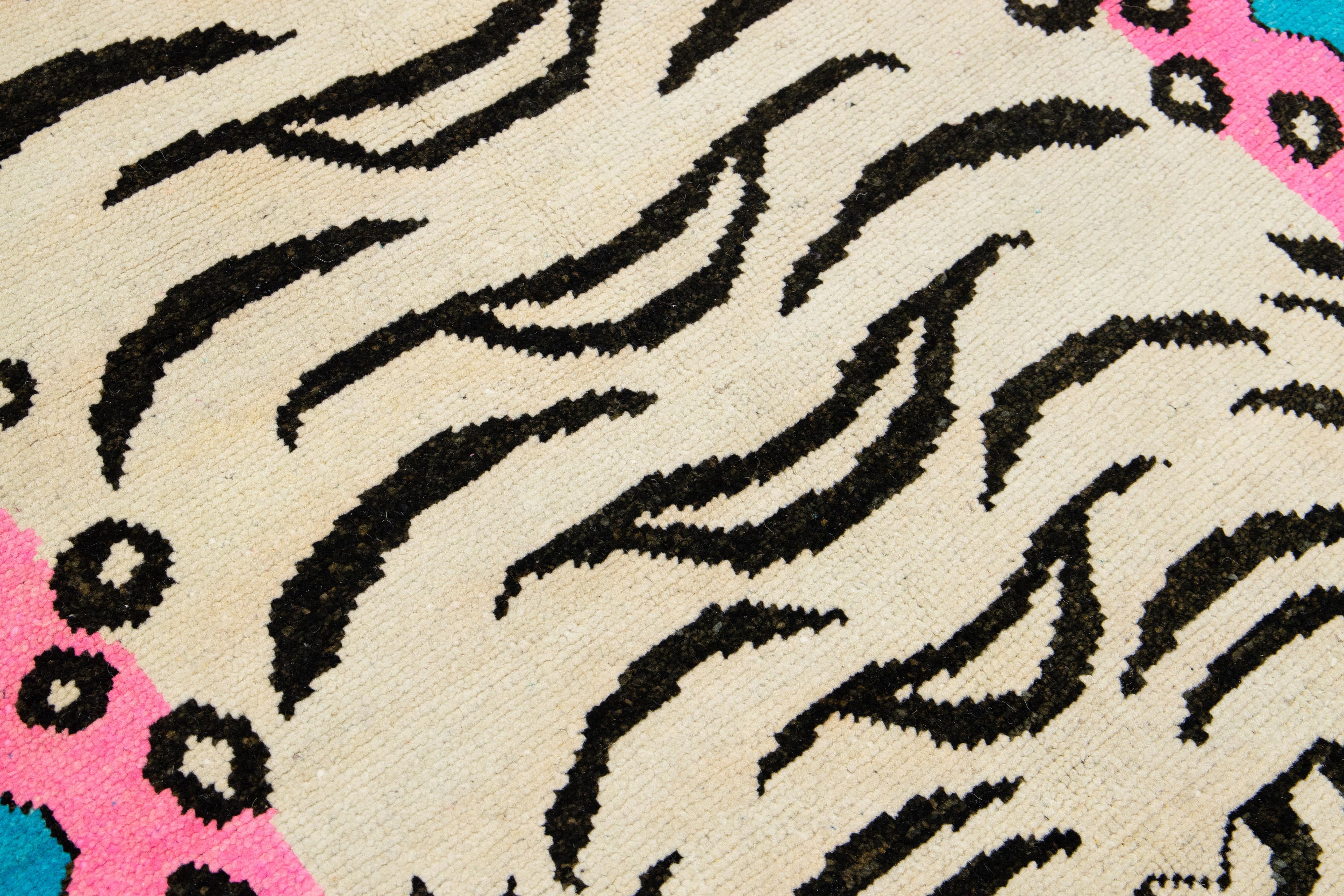 Tiger Designed Handmade Turkish Wool Rug In Blue For Sale 4