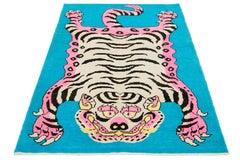 Tiger Designed Handmade Turkish Wool Rug In Blue