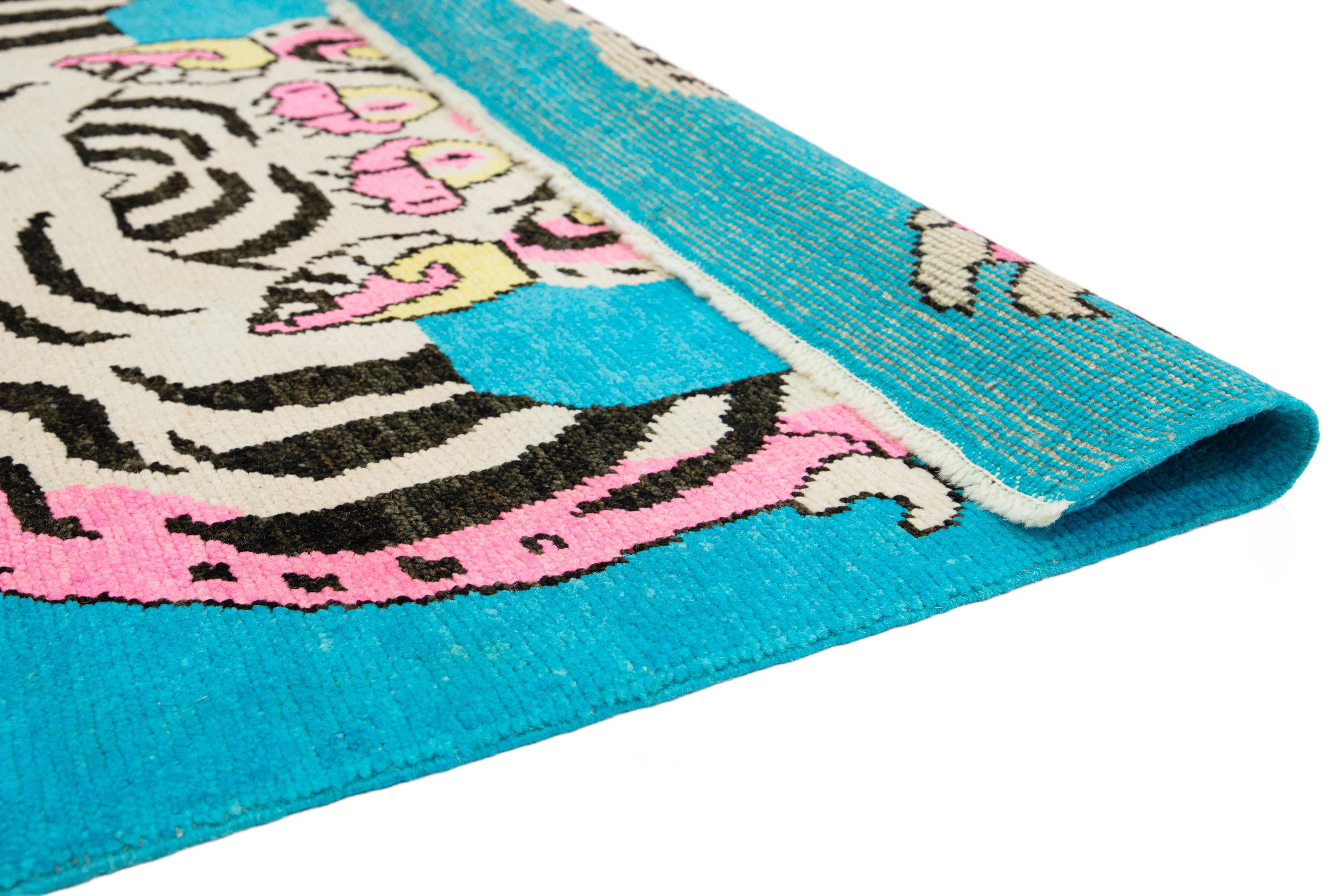 Art Deco Tiger Designed Handmade Turkish Wool Rug In Blue For Sale