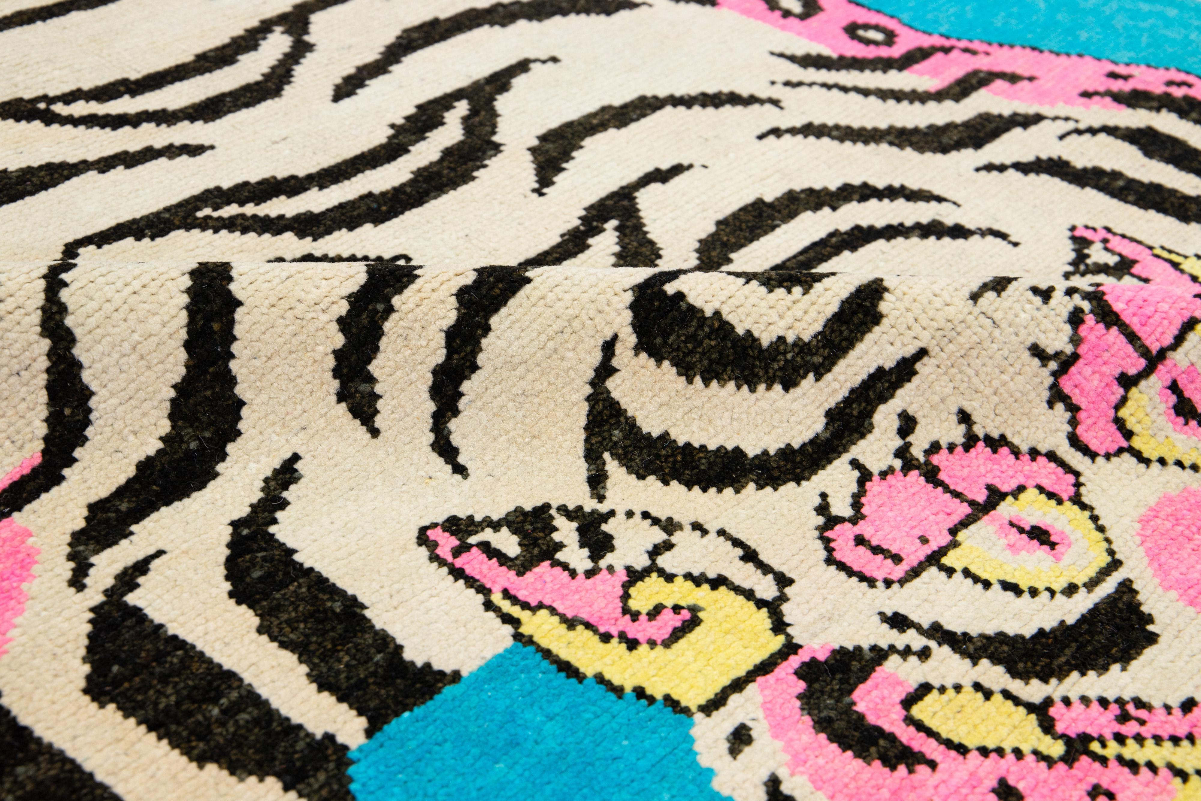 Hand-Knotted Tiger Designed Handmade Turkish Wool Rug In Blue For Sale