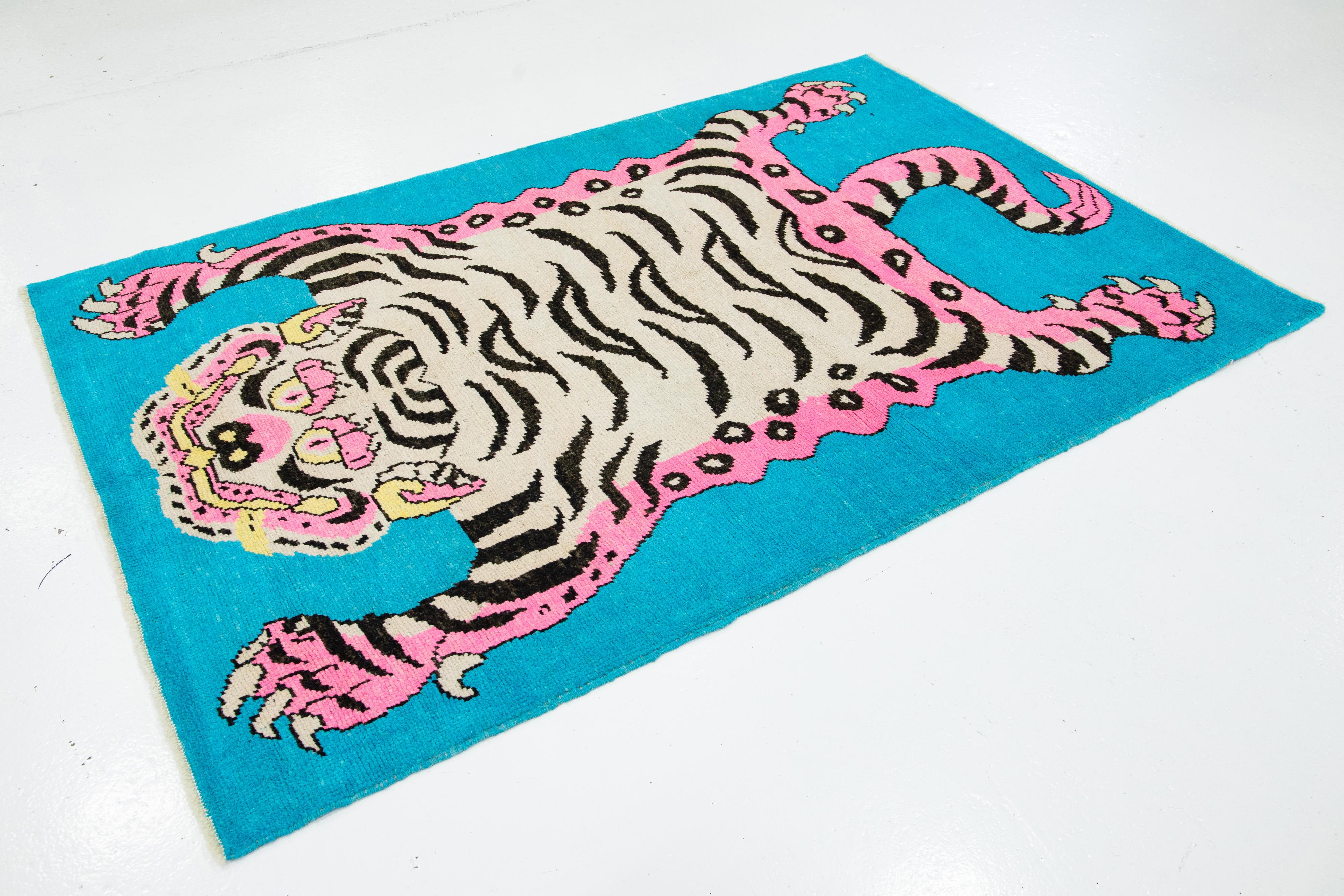 Tiger Designed Handmade Turkish Wool Rug In Blue  In New Condition For Sale In Norwalk, CT