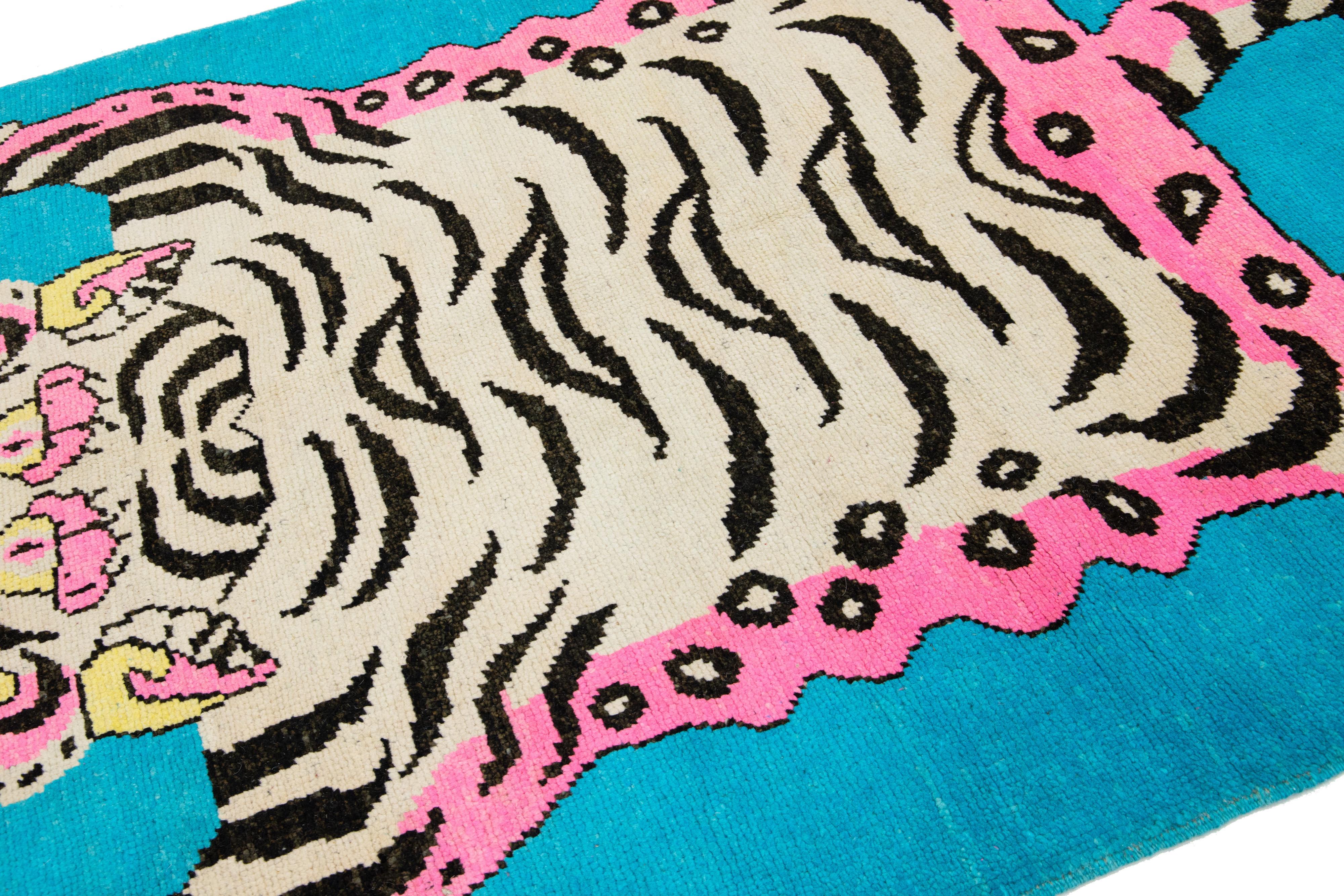 Contemporary Tiger Designed Handmade Turkish Wool Rug In Blue For Sale