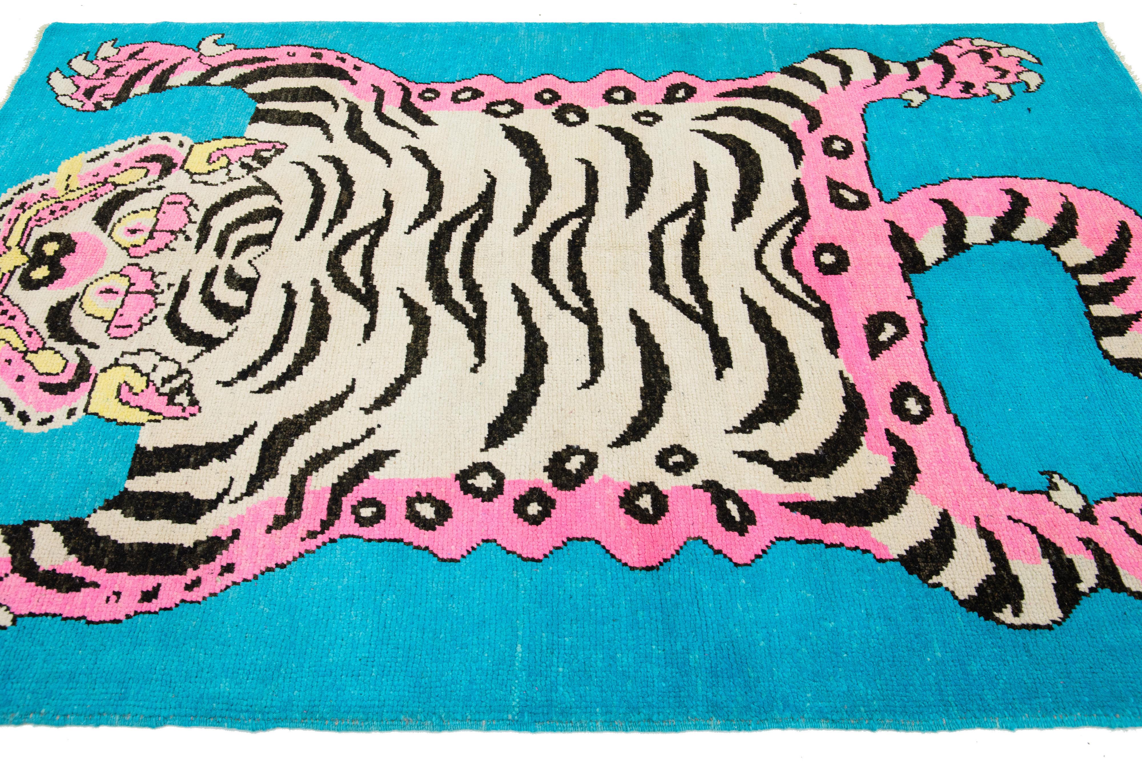 Tiger Designed Handmade Turkish Wool Rug In Blue For Sale 1