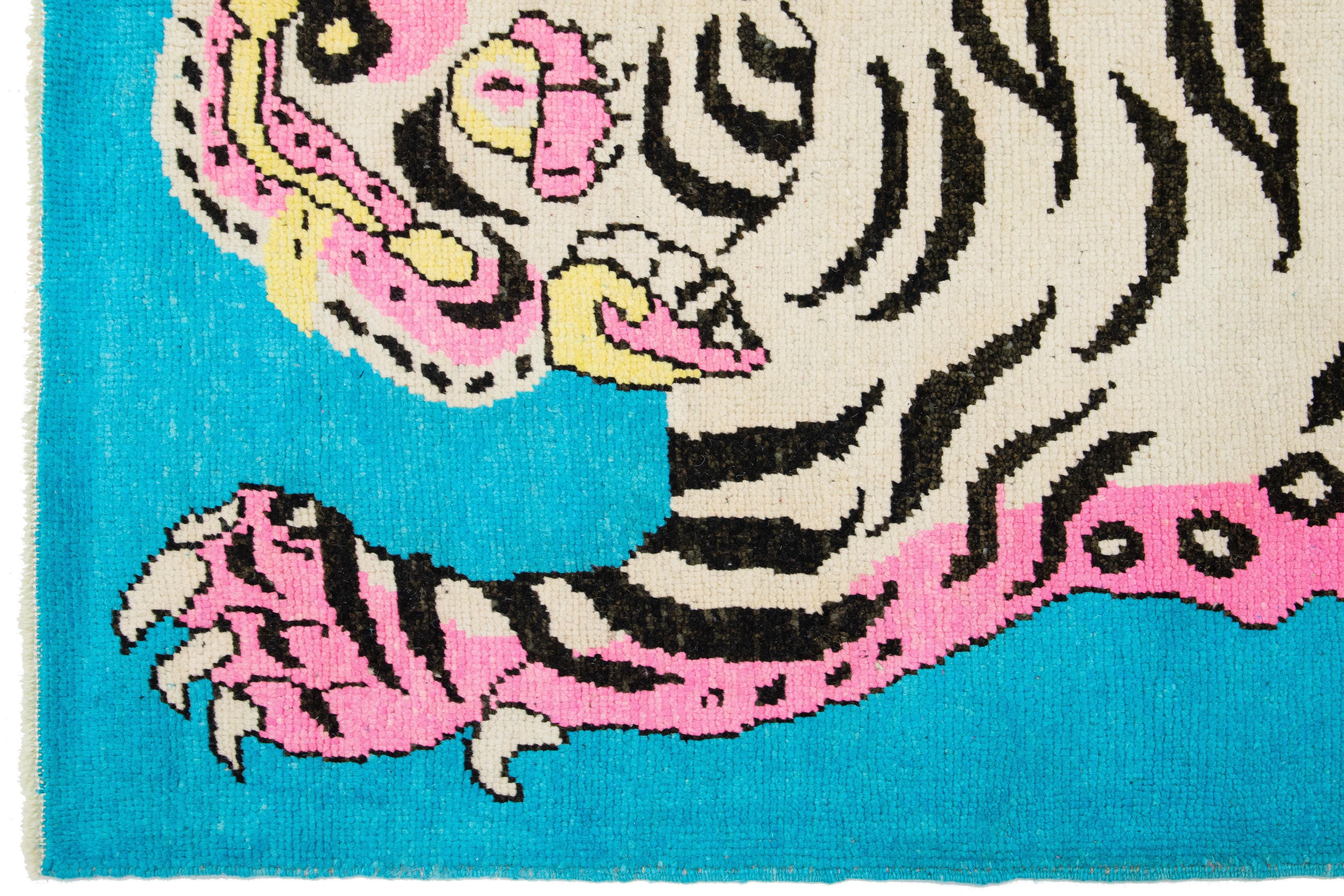 Tiger Designed Handmade Turkish Wool Rug In Blue For Sale 2