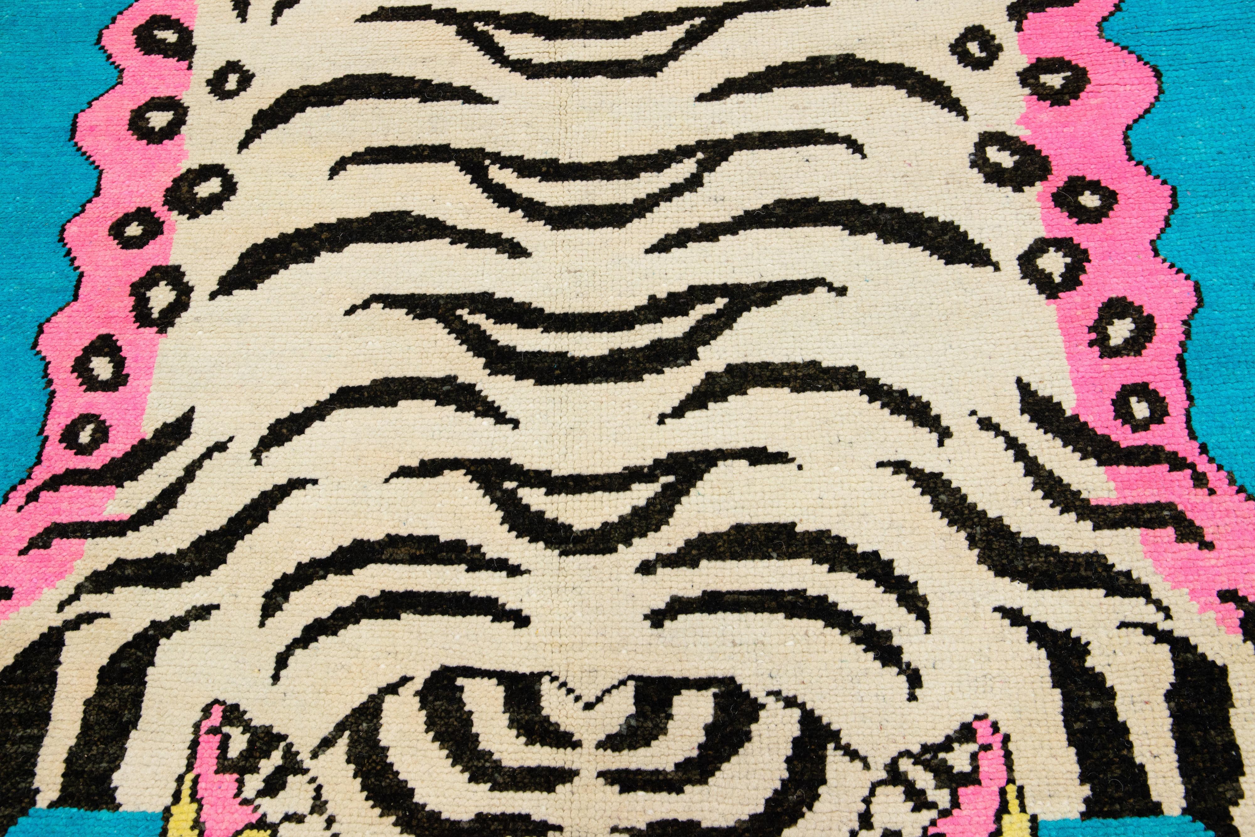 Tiger Designed Handmade Turkish Wool Rug In Blue For Sale 3