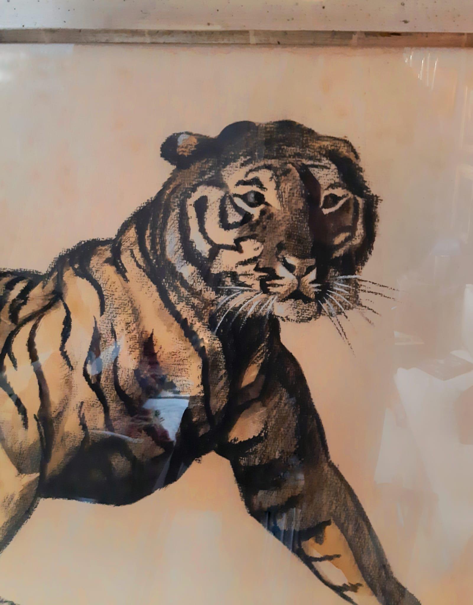 P. E. Millet
(France, early 20th century)

TIGER

Executed 1937
Charcoal and gouache on paper, 64 x 93 cm
Signed and dated lower left: P. E. MILLET 37

Athletically well-trained, muscular and with a broad chest, Millet's tiger confronts us in this