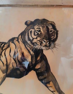 Art Deco, Tiger, Early 20th Century, Charcoal and Gouache on Paper, Drawing