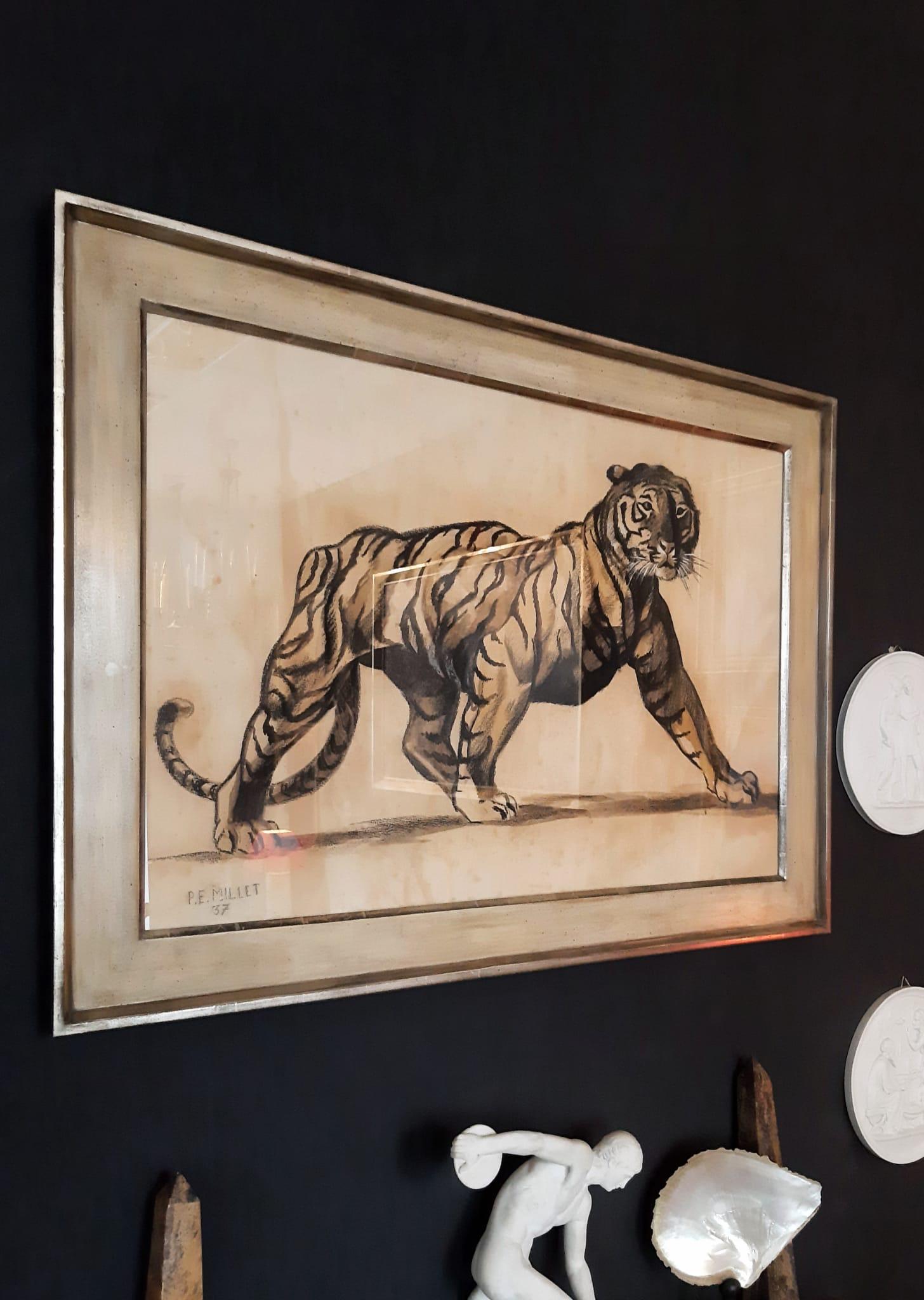 Art Deco, Tiger, Early 20th Century, Charcoal and Gouache on Paper, Drawing For Sale 2