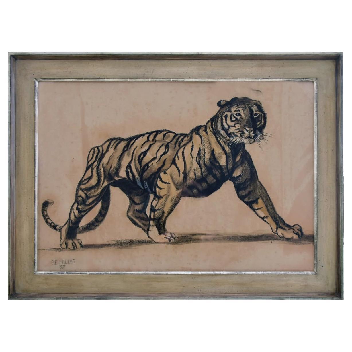 Art Deco, Tiger, Early 20th Century, Charcoal and Gouache on Paper, Drawing