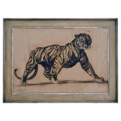 Art déco, Tigre, début du 20e siècle, fusain et gouache sur papier, dessin