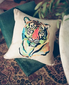 Tiger Embroidered Natural Heavy Cotton Accent Pillow