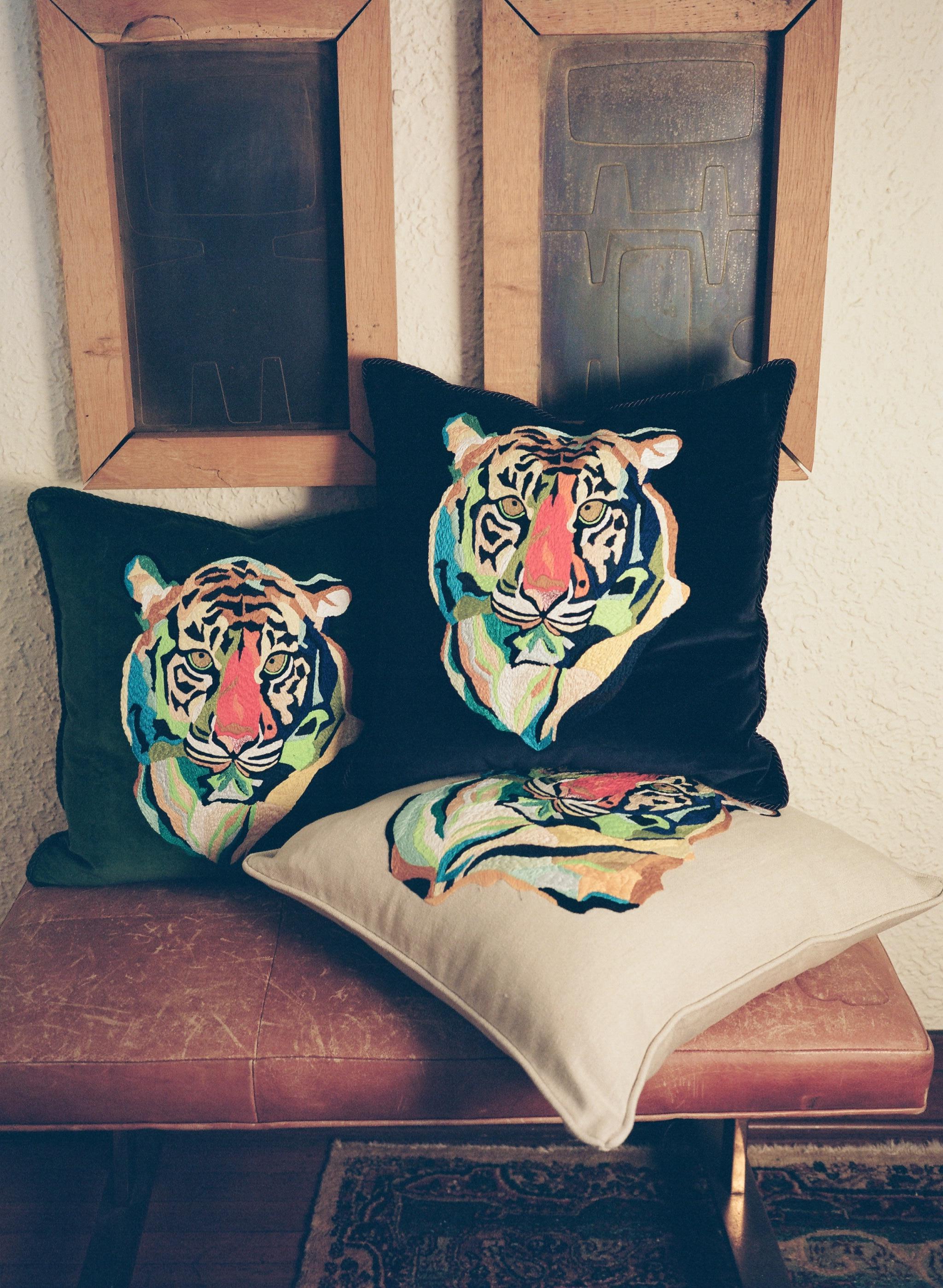 Modern Tiger Embroidered Natural Heavy Cotton Accent Pillow For Sale
