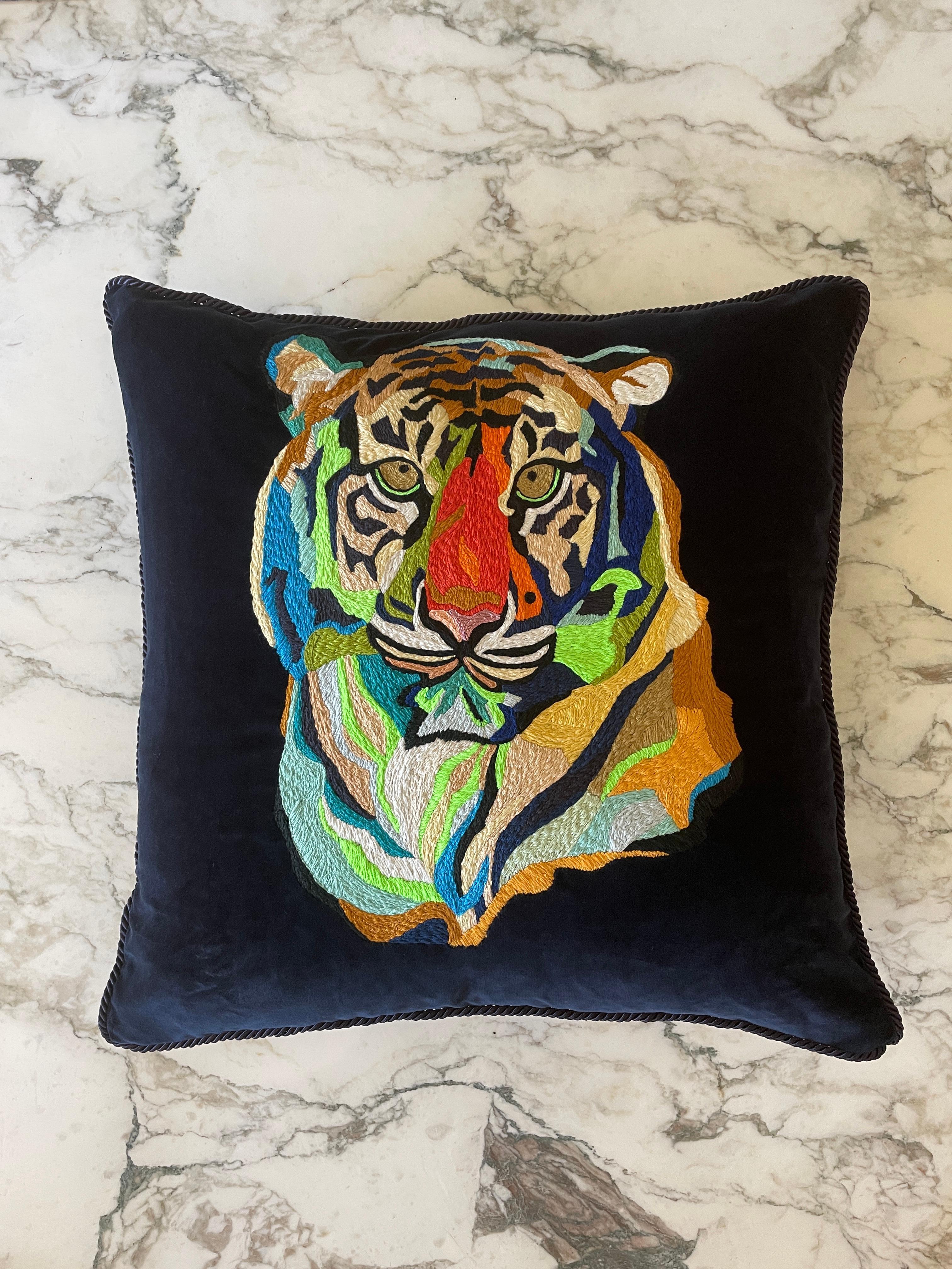 Tiger Embroidered Natural Heavy Cotton Accent Pillow For Sale 1