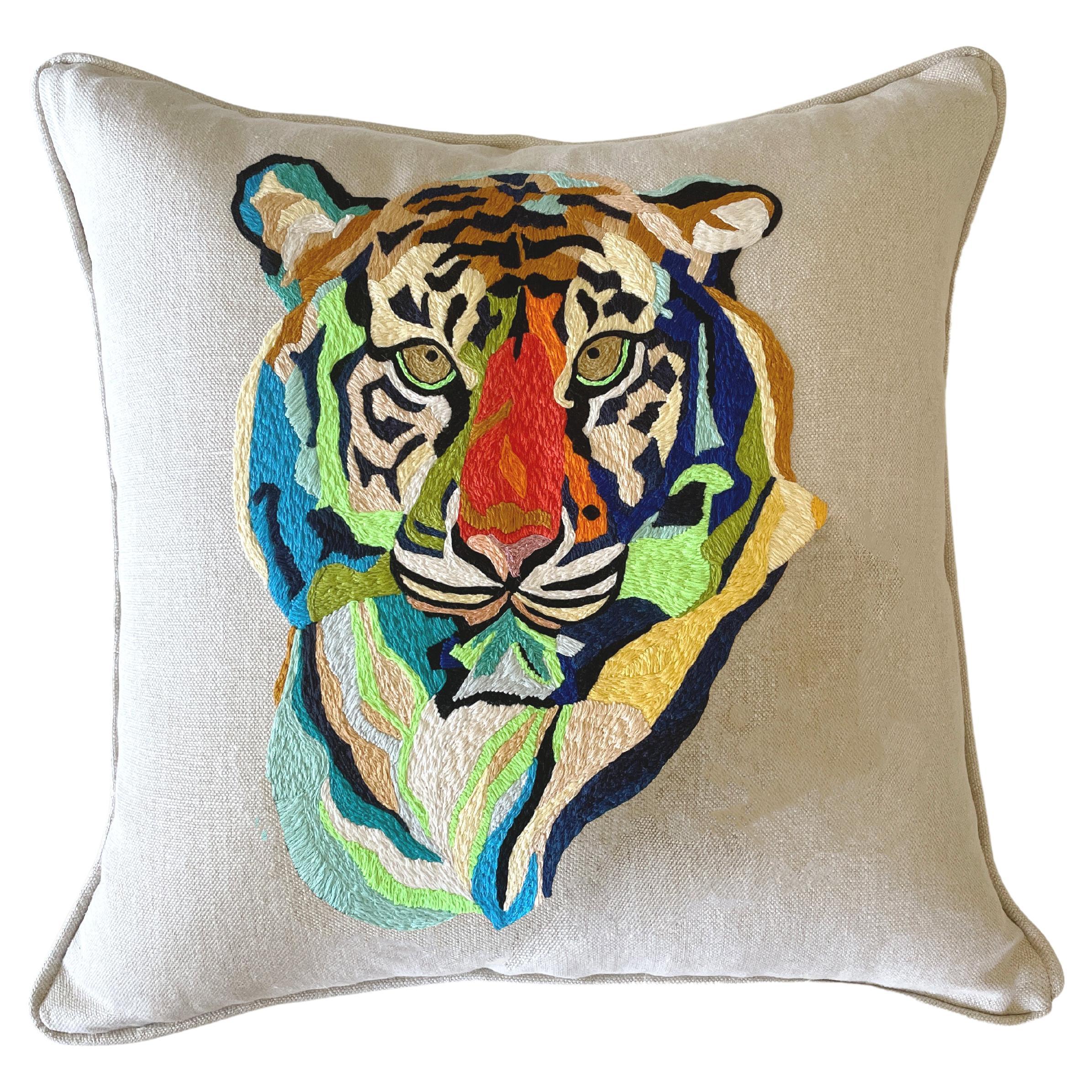 Tiger Embroidered Natural Heavy Cotton Accent Pillow For Sale