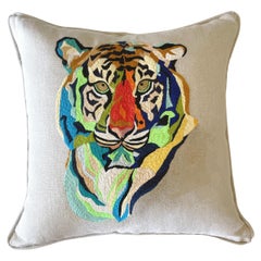Tiger Embroidered Natural Heavy Cotton Accent Pillow