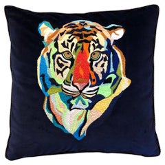 Tiger Embroidered Navy Blue Velvet Accent Pillow