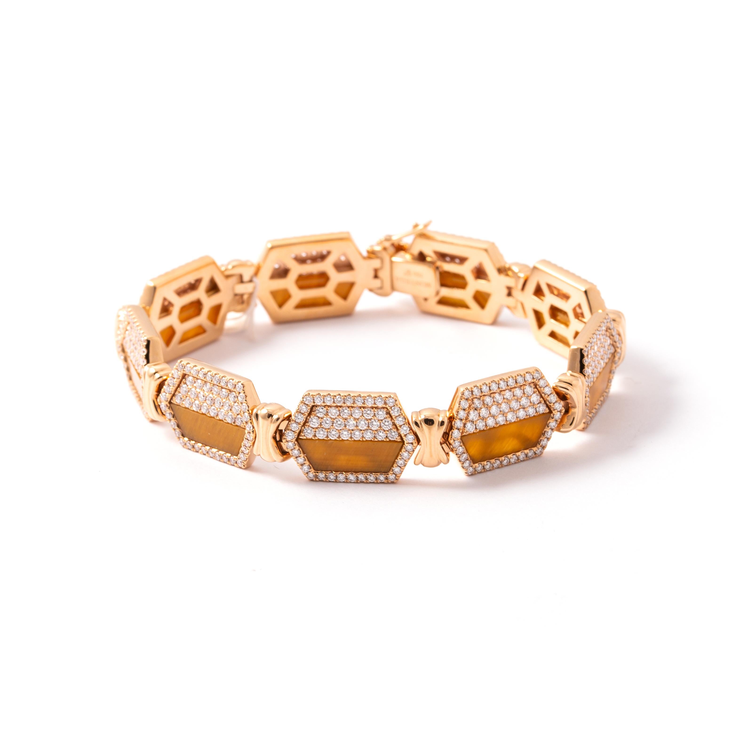 Contemporary Tiger Eye and Diamond Pink Gold Bracelet For Sale
