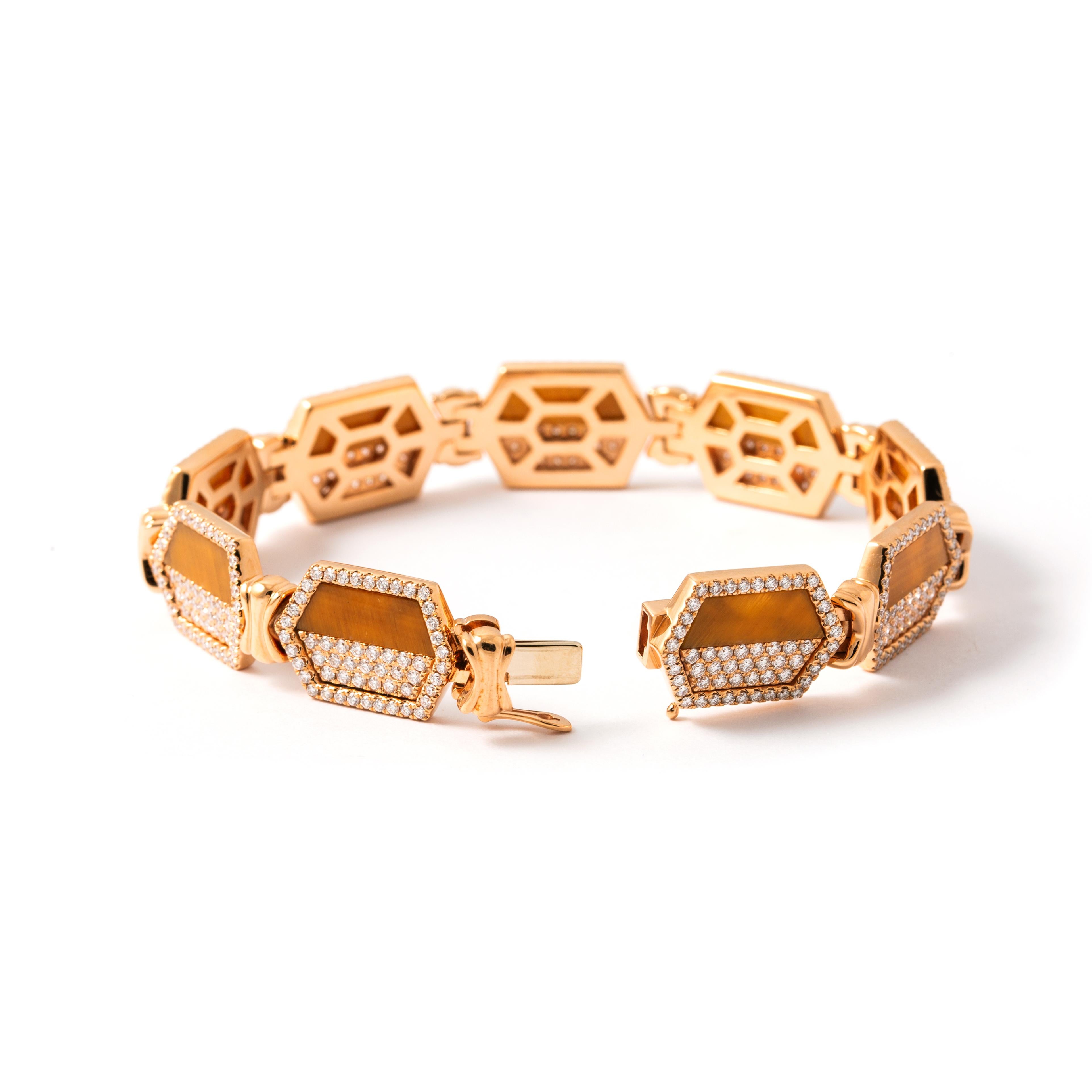 Tiger Eye and Diamond Pink Gold Bracelet In New Condition For Sale In Geneva, CH