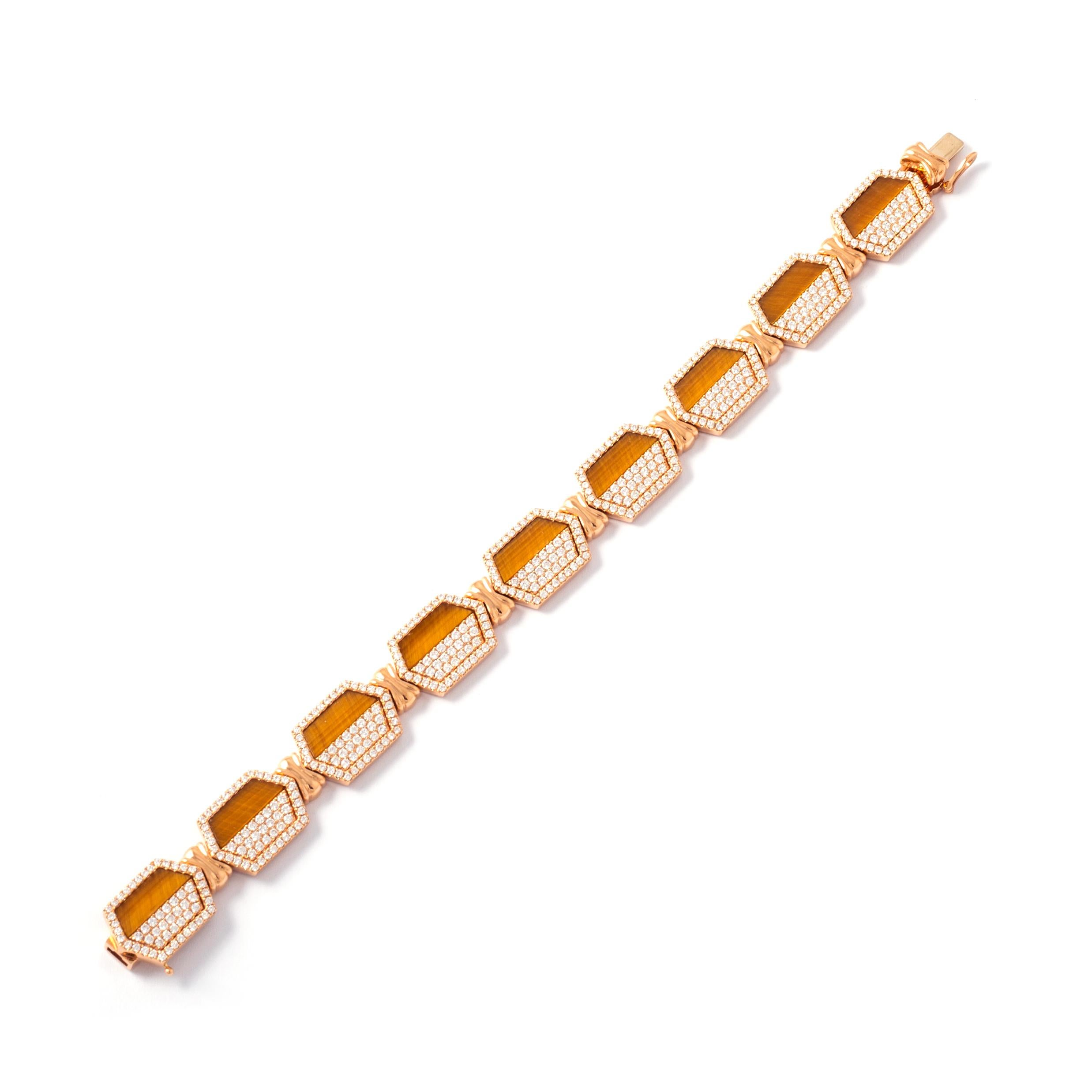 Women's Tiger Eye and Diamond Pink Gold Bracelet For Sale
